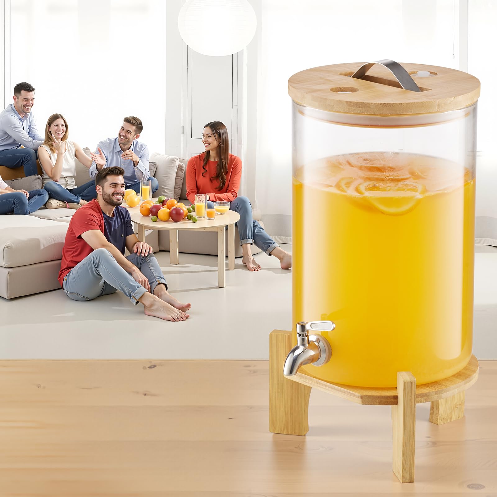 VEVOR Distributore di Bevande 8 L per Feste, Contenitore di Succhi in Vetro con Supporto in Legno con Rubinetto in Acciaio Inox, Distributore di Tè Freddo, Limonata per Ristoranti, Hotel e Feste