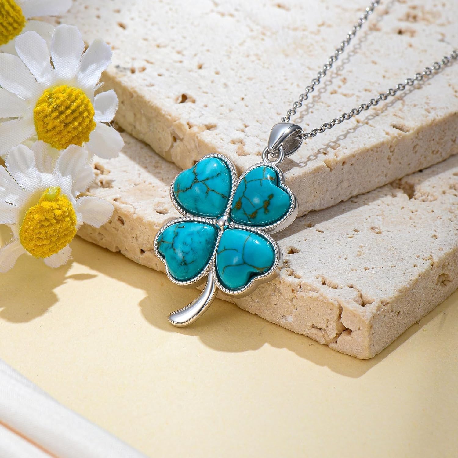Turquoise Four Leaf Clover Necklace 925 Sterling Silver Genuine Turquoise Lucky Pendant Natural Heart Gemstone Jewelry Gifts for Women Mom Wife Her - Image 3
