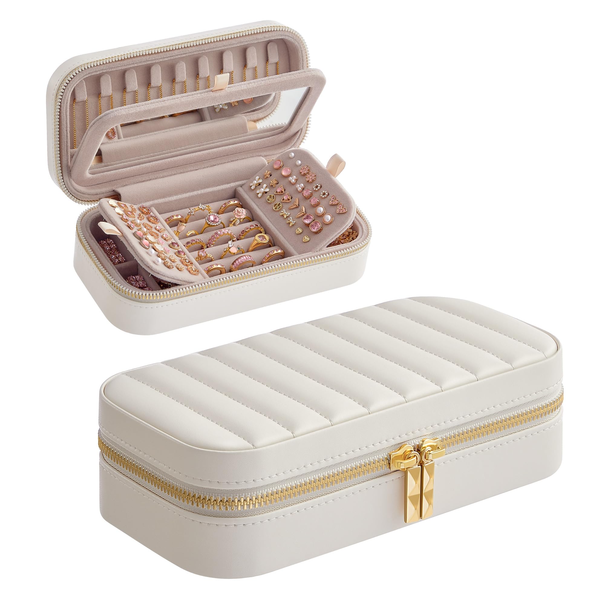 SONGMICS HOMESONGMICS HOME Travel Jewelry Case, Small Jewelry Box Organizer with Mirror, 4.1 x 8 x 2.4 Inches, PU Surface with Stitching, Portable, Cloud White, ANAH Collection UJBC180W01The Forest Stewardship Council