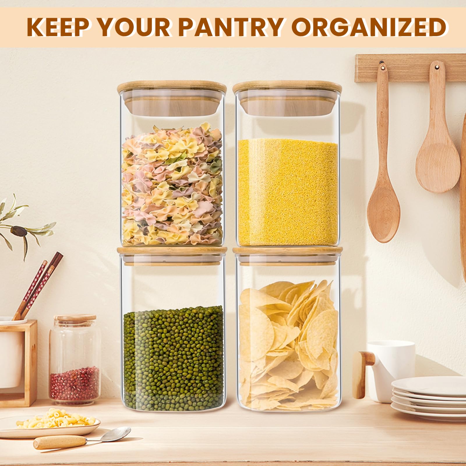 4 Barattoli di Cucina in Vetro con Coperchio in Bambù, 1100ml Contenitore Pasta Grande, Contenitori Ermetici in Vetro, Barattoli Cucina per conservare cereali, zucchero, caffè, Tè