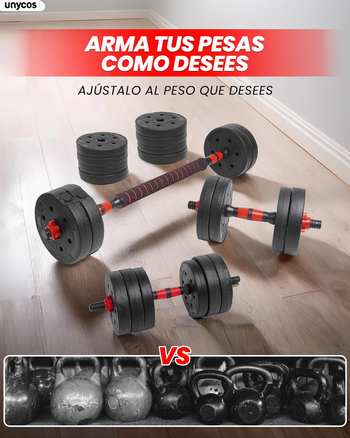 unycos - Mancuernas Ajustables【Discos de Cemento | 10-40 kg】con Barra Recta de Conexión | Pesas Ergonómicas para Hombres y Mujeres, Gimnasio en Casa, Fitness (Red/Orange Transformer) — view 4