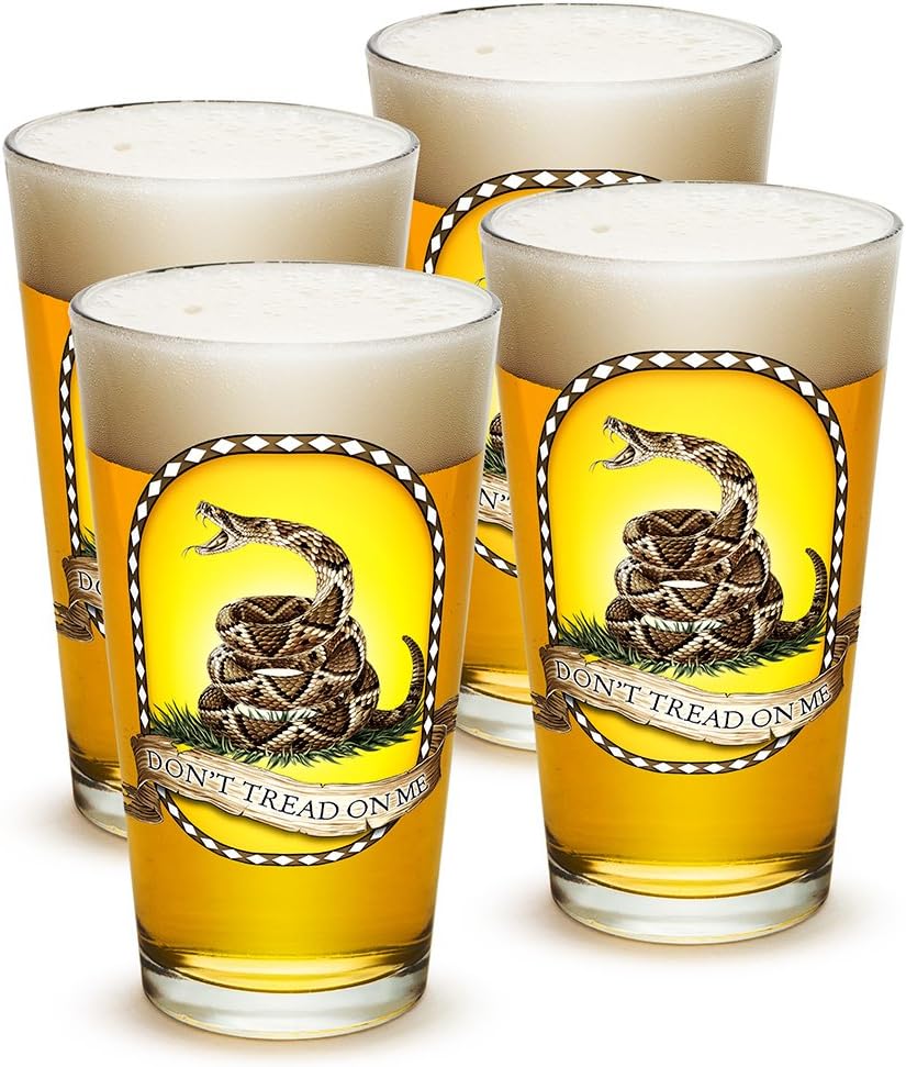 Erazor Bits Don't Tread On Me DTOM Patriotic - This will defend - Classic Premium Beer Pint Glasses 16 Ounce - Set of 4 - Highball Cocktail Mixing Glass - Perfect for Cold Beverages - With Logo