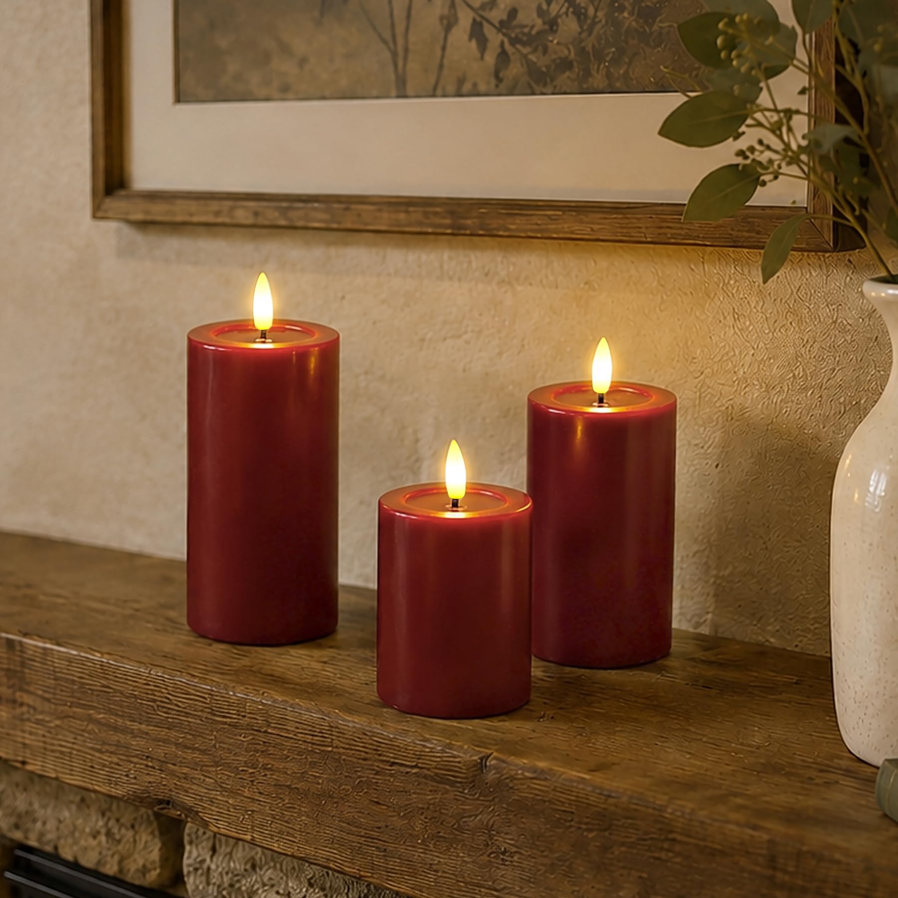Yeelida remoto sin llama parpadeante velas LED con aceite de cera de diseño, Borgoña Pack de 3 pilas Oprated pilar temporizador real velas de cera (7.5x10 12.5 15cm)