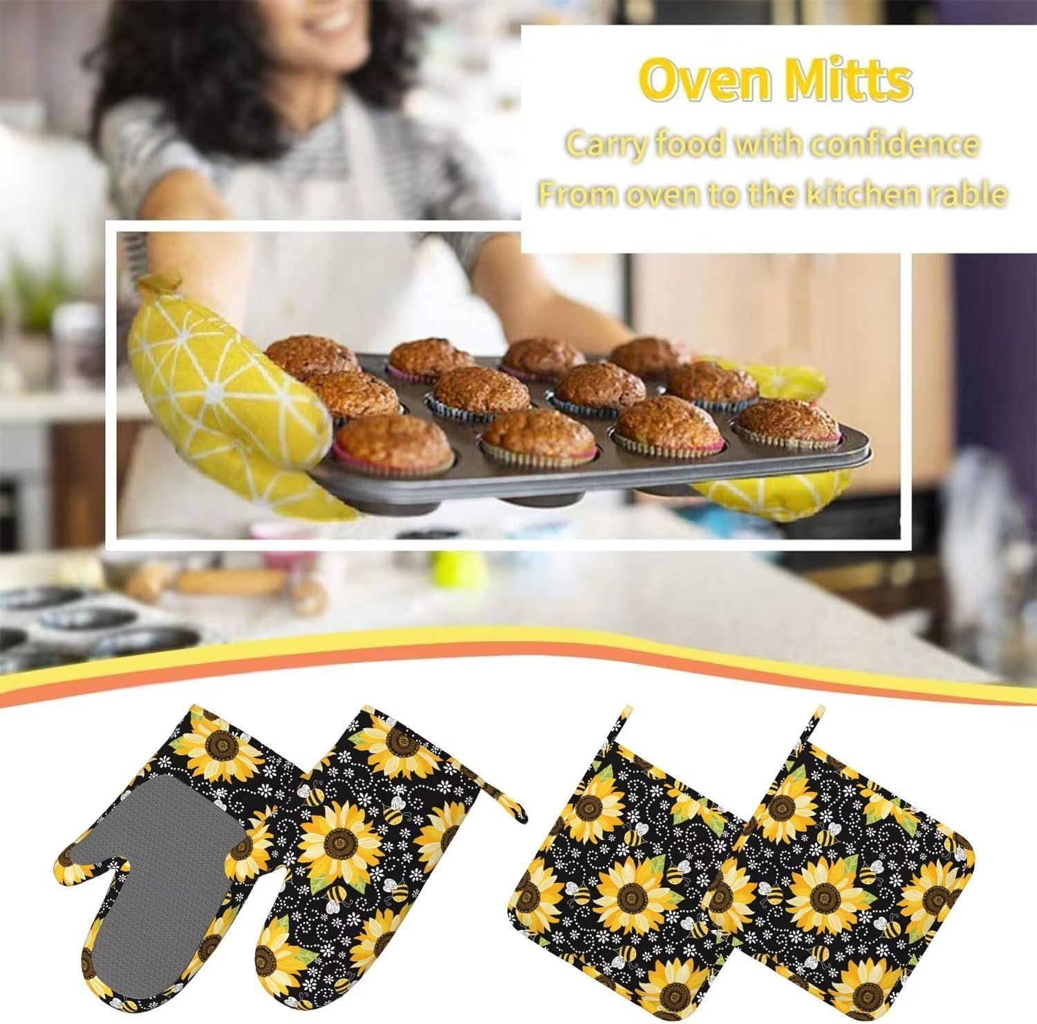 Sunflower Bees Oven Mitts and Pot Holders with Apron Set of 5 Silicone Sunflowers Kitchen Mitten Gloves and Non-Slip Potholders Cooking Apron Set Heat Resistant Oven Gloves Hot Pads for BBQ - Image 7