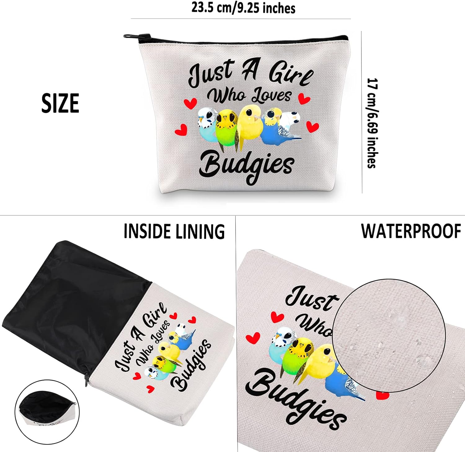G2TUP Budgie Lover Gift Who Loves Budgies Makeup Bag Budgie Mom Cosmetic Bag Parakeet Pet Bird Lover Gift for Budgerigar Girls Women (Who Loves Budgies White Bag) - Image 3