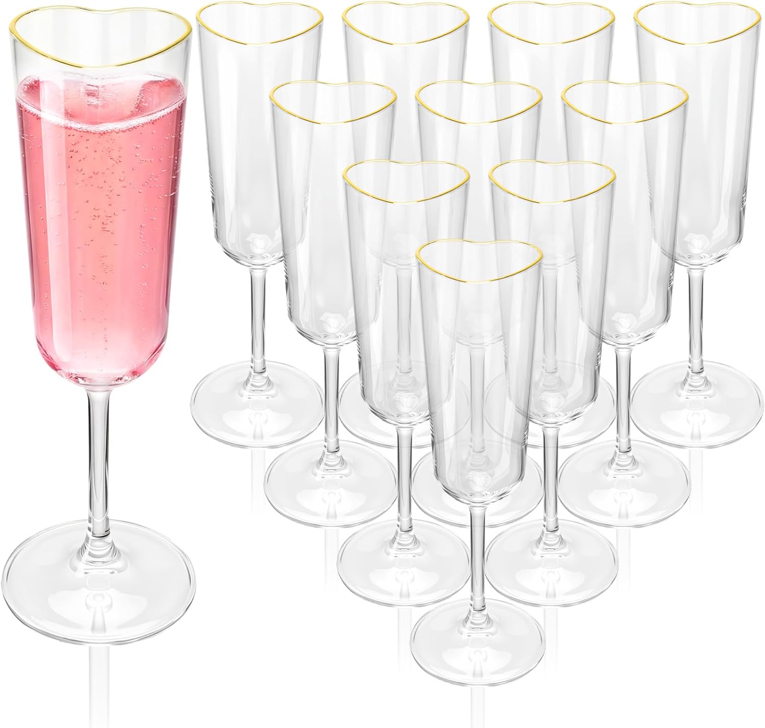 12 Pcs Valentine's Day Heart Shape Plastic Champagne Flute Glasses with Gold Rim Gift Set 5 oz Elegant Clear Cocktail Toasting Glasses Wine Cup Bulk for Wedding Bridal Birthdays Party Supplies