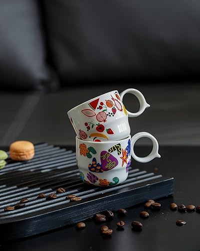 Miniatura 8 de Juego de 2 tazas de café espresso de cerámica, mini tazas de café doble de 3 onzas, tazas pequeñas de café espresso con bonito mango Q, regalo para