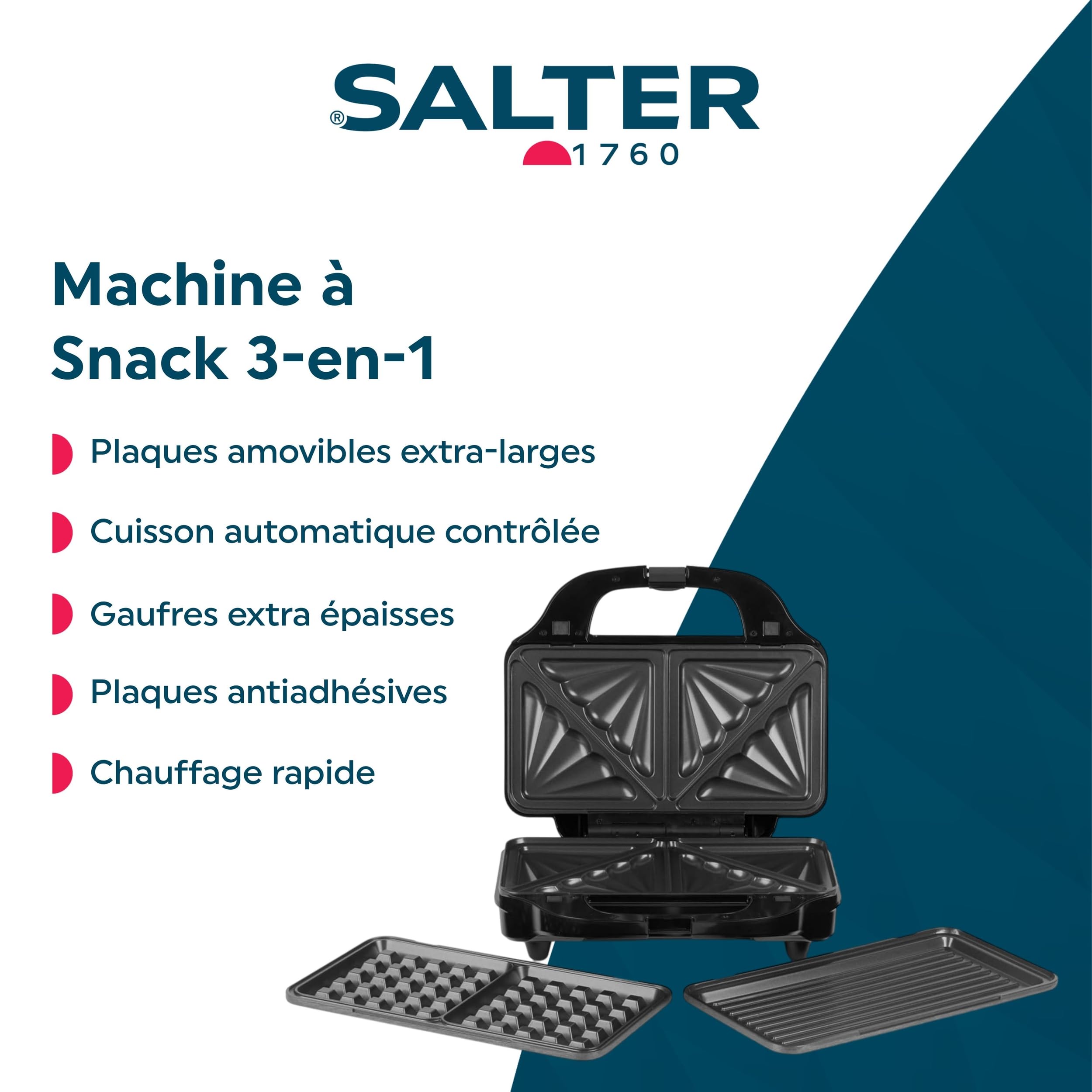 Salter XL 3-en-1 Snack Maker, plaques toastie, gaufres et panini, 900 W | Plaques amovibles antiadhésives, format deep fill, température automatique, poignée froide, voyants lumineux