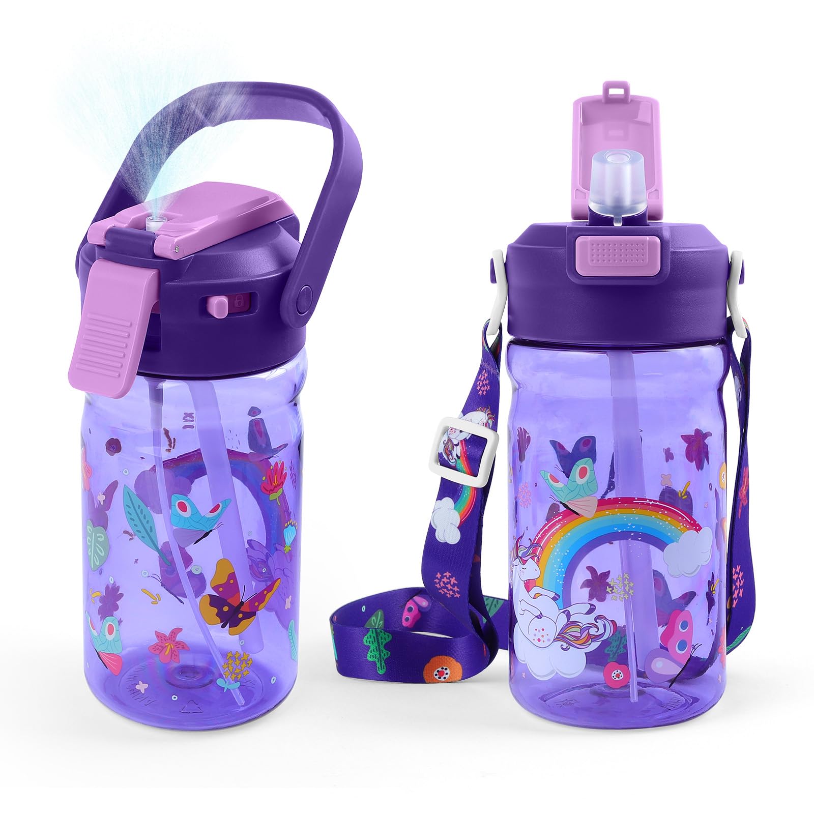 Foyucool 600ml Water Bottles Kids with Straw, Leakproof Spray Mist Drinks Bottle with Secure Lock, Soft Handle & Detachable Strap for Carry, Ideal for School, Outdoors, Unicorn Design, Purple