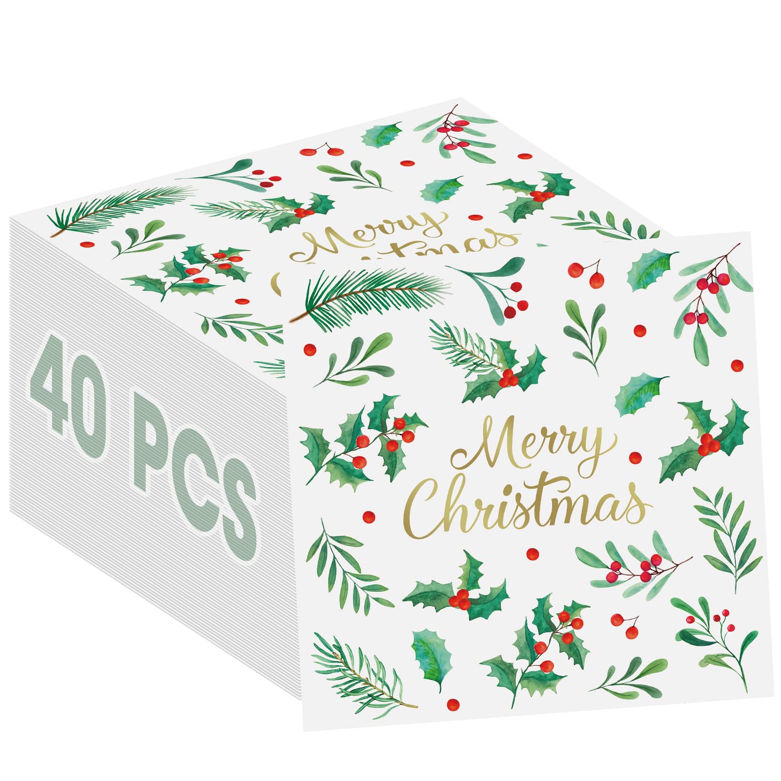 40 Pcs Merry Christmas Napkins Paper - 13 Inch Disposable Christmas Cocktail Napkins, 3-Ply Holly Leaves Red Berries Napkin Dinnerware Sets for Winter
