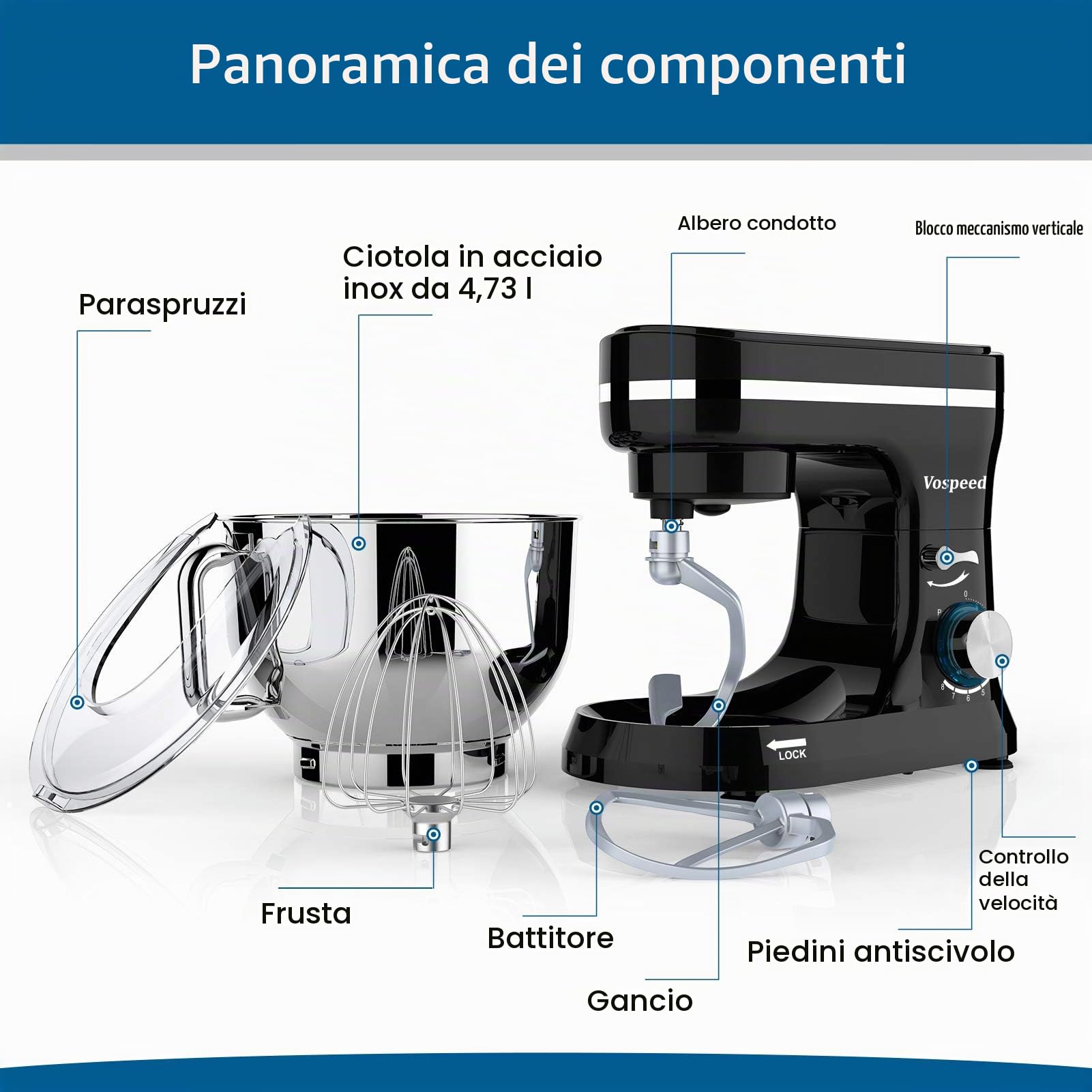 Impastatrice Planetaria, Vospeed 1000W 5QT Robot da Cucina con Frusta, Gancio per Impastare, Frusta per Dolci, Ciotola di Acciaio Inossidabile, Coperchio Paraspruzzi (Nero)