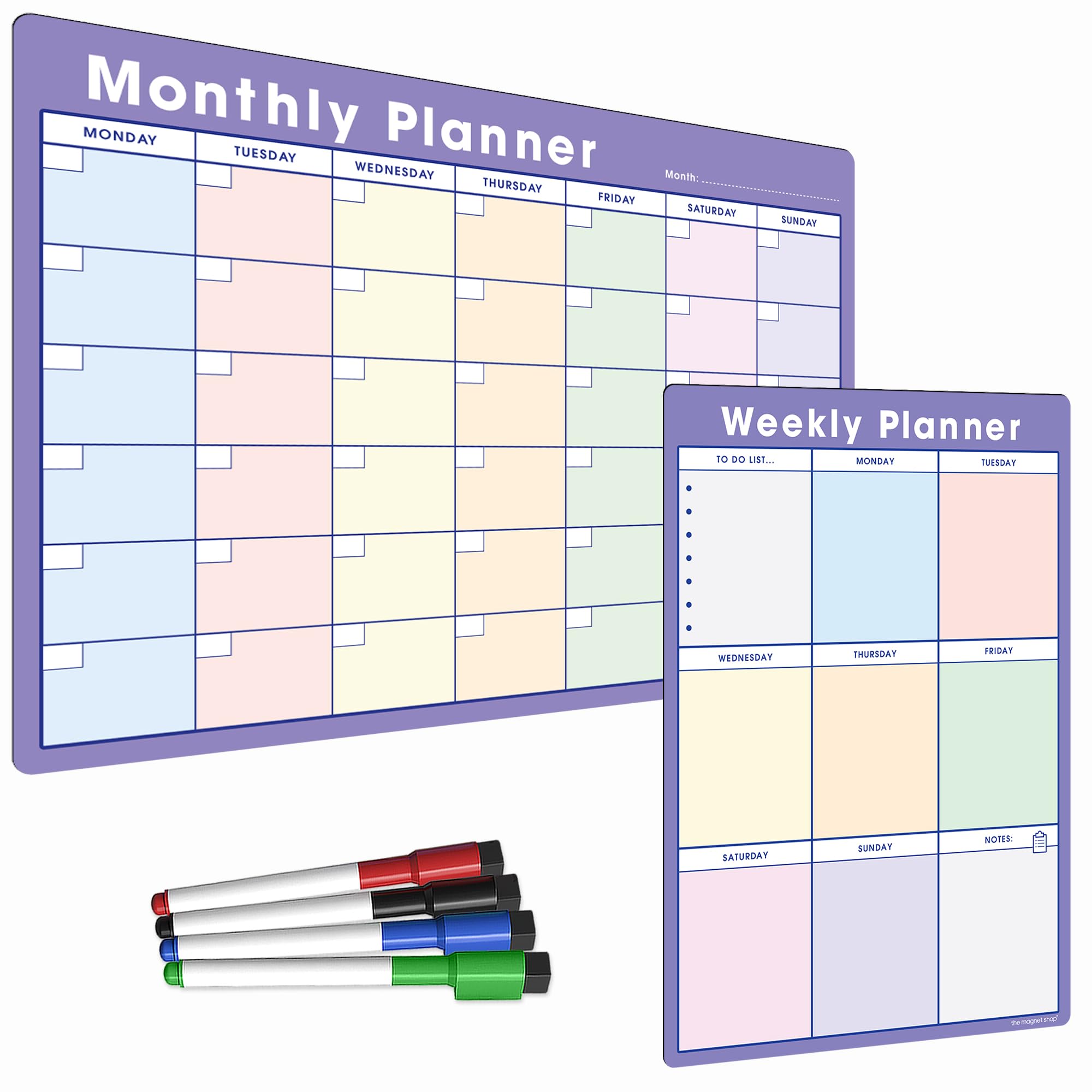 TMS Magnetic Weekly Planner and Monthly Calendar Set, Purple & Pastel Combo, A4 Weekly + A3 Calendar
