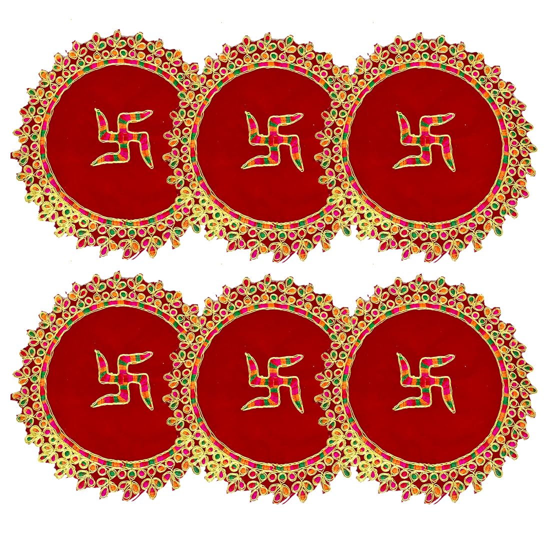 DT DECTONE Embroidered Round Velvet Pooja Aasan Mat for God Mandir/Prasad Thali Cover/Thalposh with Swastik Embroidery Design for Diwali, Navratri and Various Puja Rituals (Pack of 6, 7 inches)