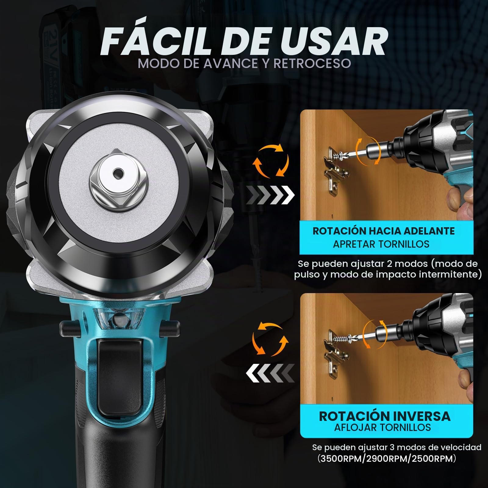Pistola de Impacto a Batería 1000 Nm, Atornillador de Impacto de 2 Baterías de 4000 Mah, Motor Brushless, 4 Brocas, 4 Puntas de Destornillador para Coches, Camiones y Uso Doméstico.