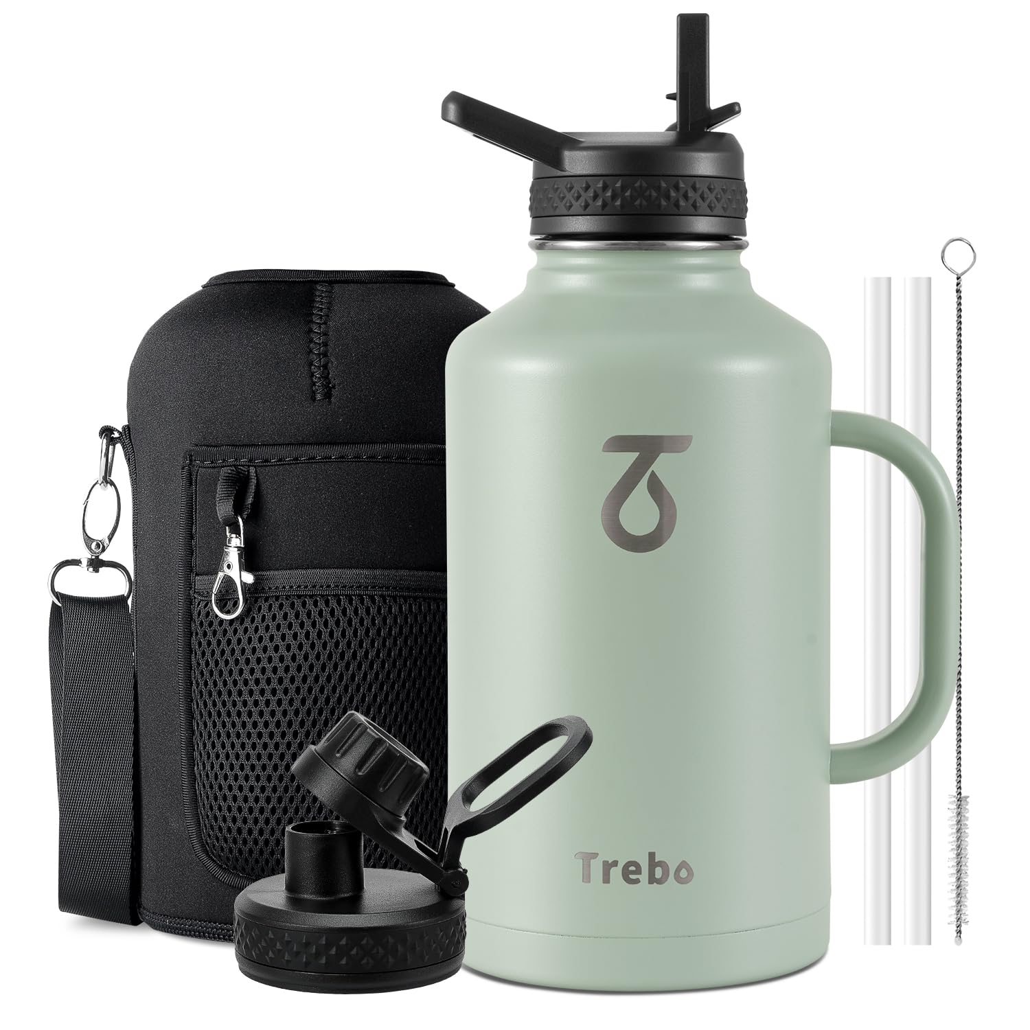 Trebo 64 oz Water Bottle Insulated with Handle, Grey Green