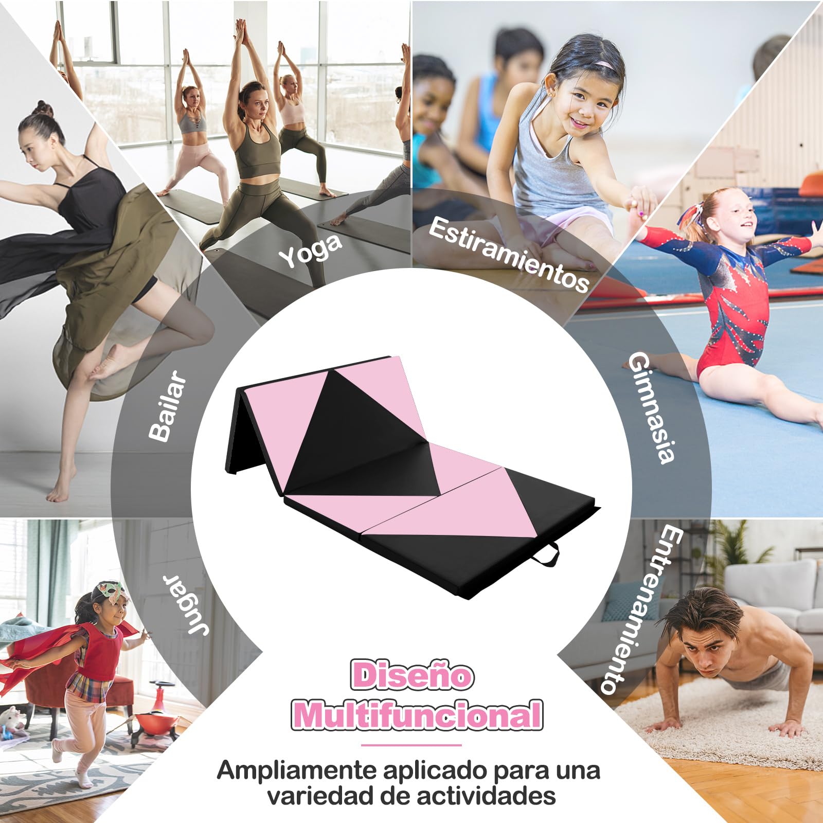 GOPLUS Colchoneta de Gimnasia Plegable, 240x117x5cm, Esterilla de Entrenamiento de Cuero Artificial con Asas de Transporte, Alfombra de Suelo para Fitness Yoga (Rosa + Negro)