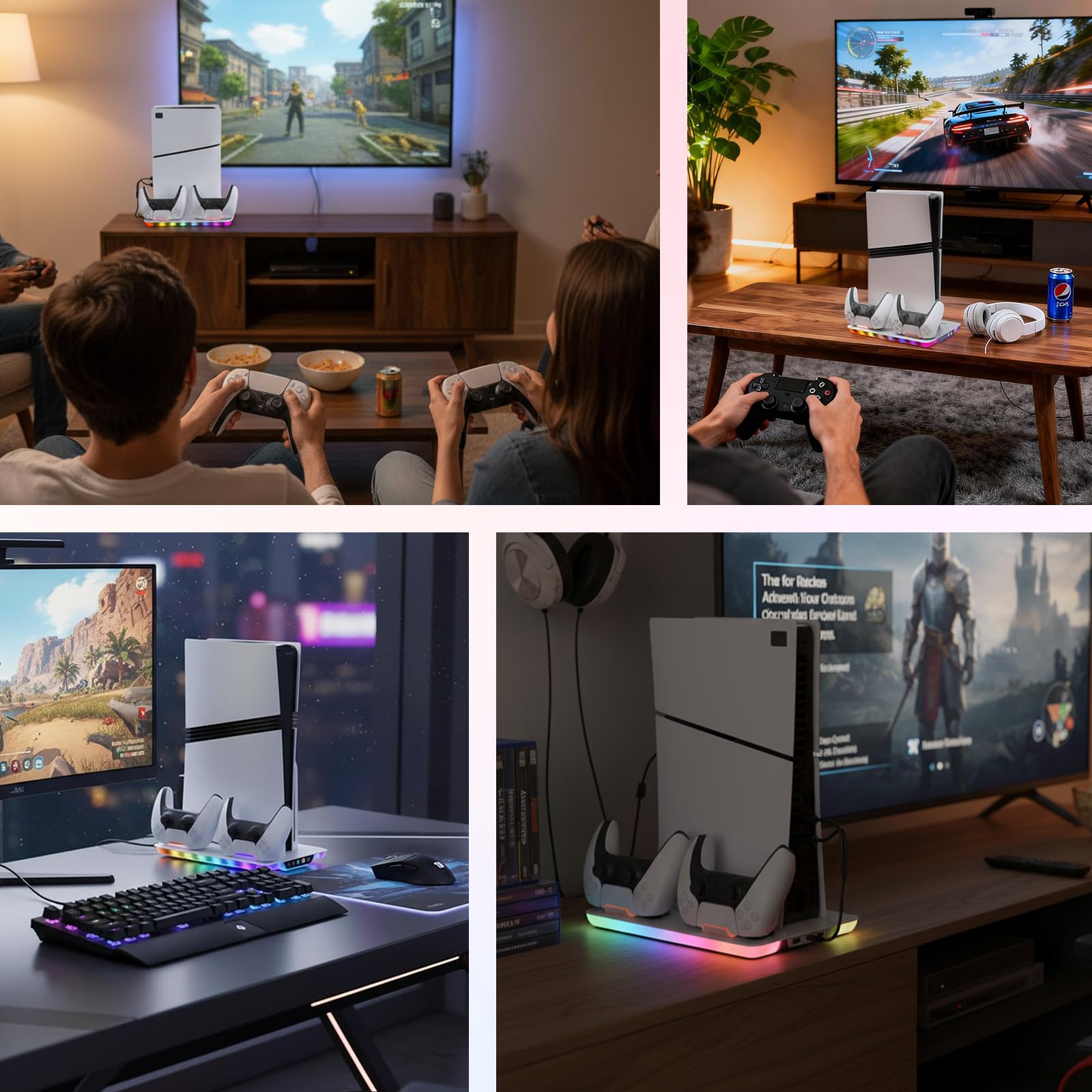 Dock ventola di raffreddamento per Slim/PS5, caricatore dock di ricarica per controller modalità illuminazione RGB velocità dell'aria regolabile in 3 livelli con cavo USB