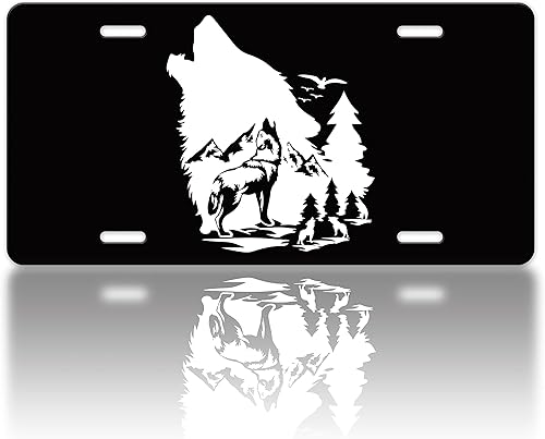 Cubierta de placa de matrícula de lobo, diseño de lobo de montaña, divertido animal de lobo aullador, accesorio de decoración de automóvil de acero