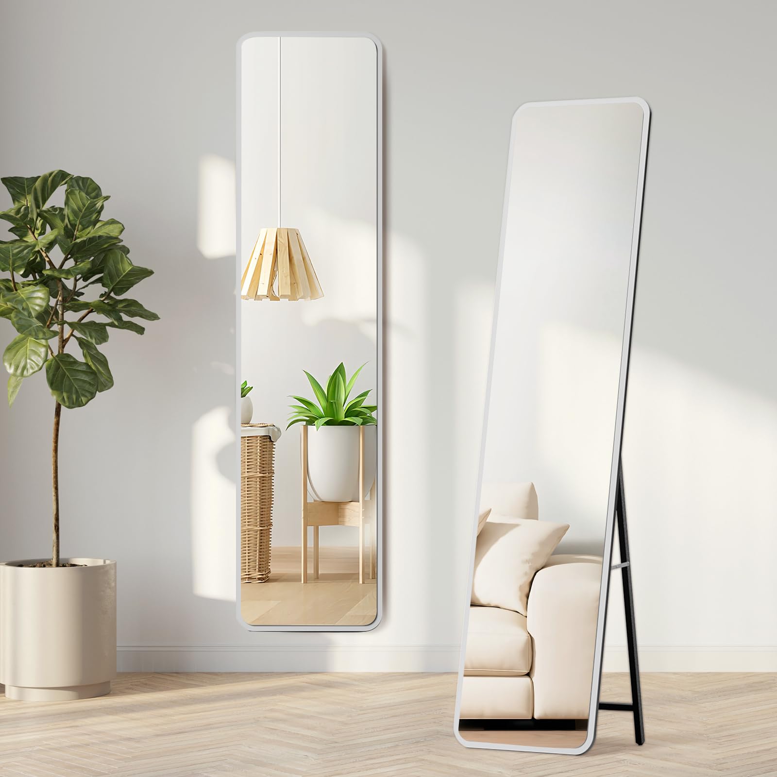 Warmiehomy 40X160cm Rectangular Full Length Mirror, Wooden Frame Standing Full Body Mirror, Hanging or Leaning Against Wall for Bedroom Cloakroom Living Room, White