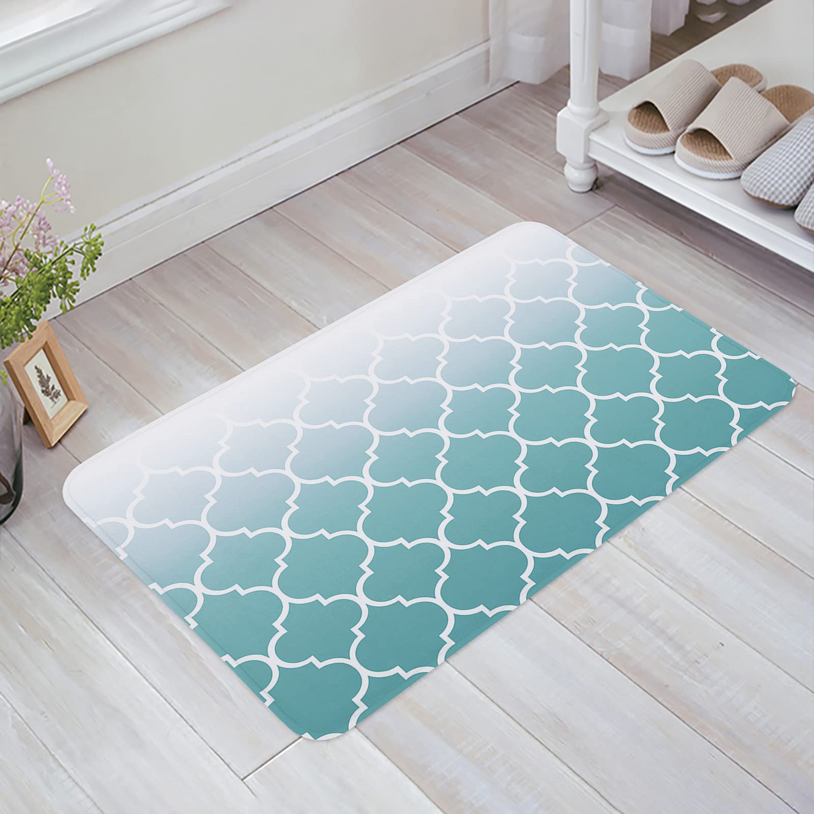 ARTSHOWING Morocco Floor Mats for Home 16 x 24 Inches, Absorbent Machine Washable Inside Door Mat for Entryway Indoor Bathroom, Easy to Clean - Retro Geometric Cyan Turquoise Gradient Pattern