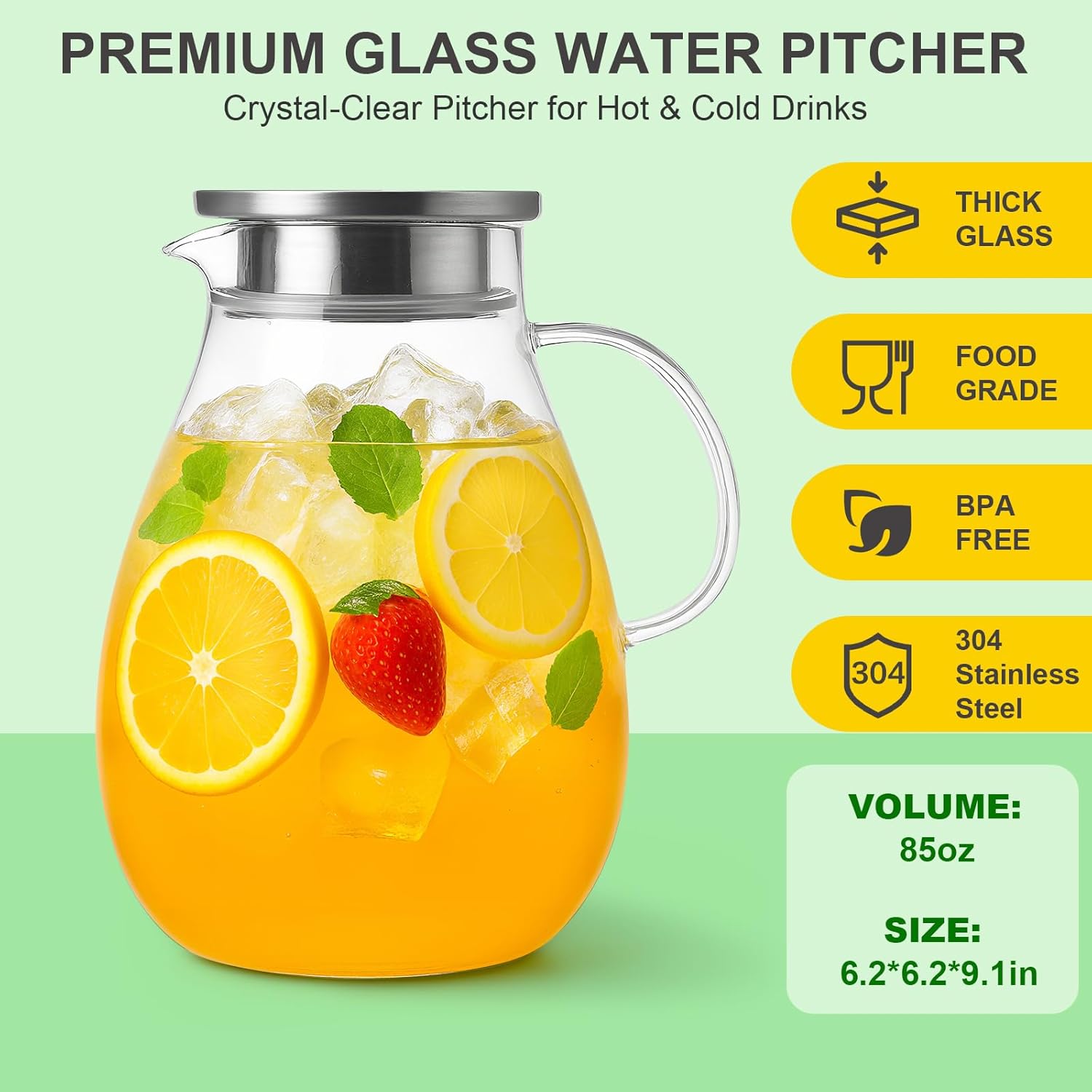2.5L Extra Large Glass Pitcher Water Jug with Lid – Ideal for Lemonade, Iced Tea, or Fruit Punch, Perfect for BBQ, Picnic, and Family Gathering - Image 3