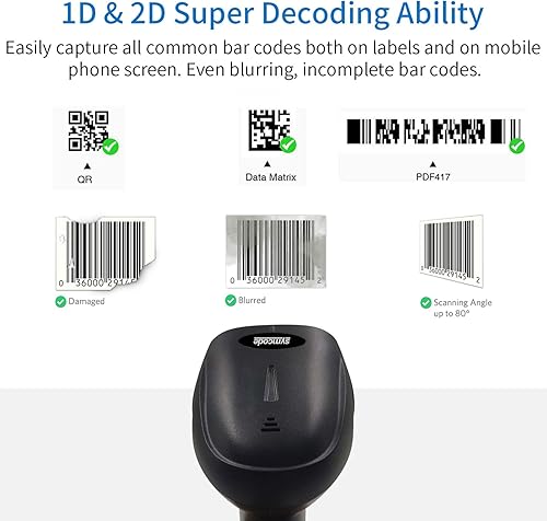 Miniatura 5 de Alacrity Escáner de código de barras inalámbrico 1D 2D con soporte de mano y manos libres QR con cable e inalámbrico 2 en 1 lector de código de