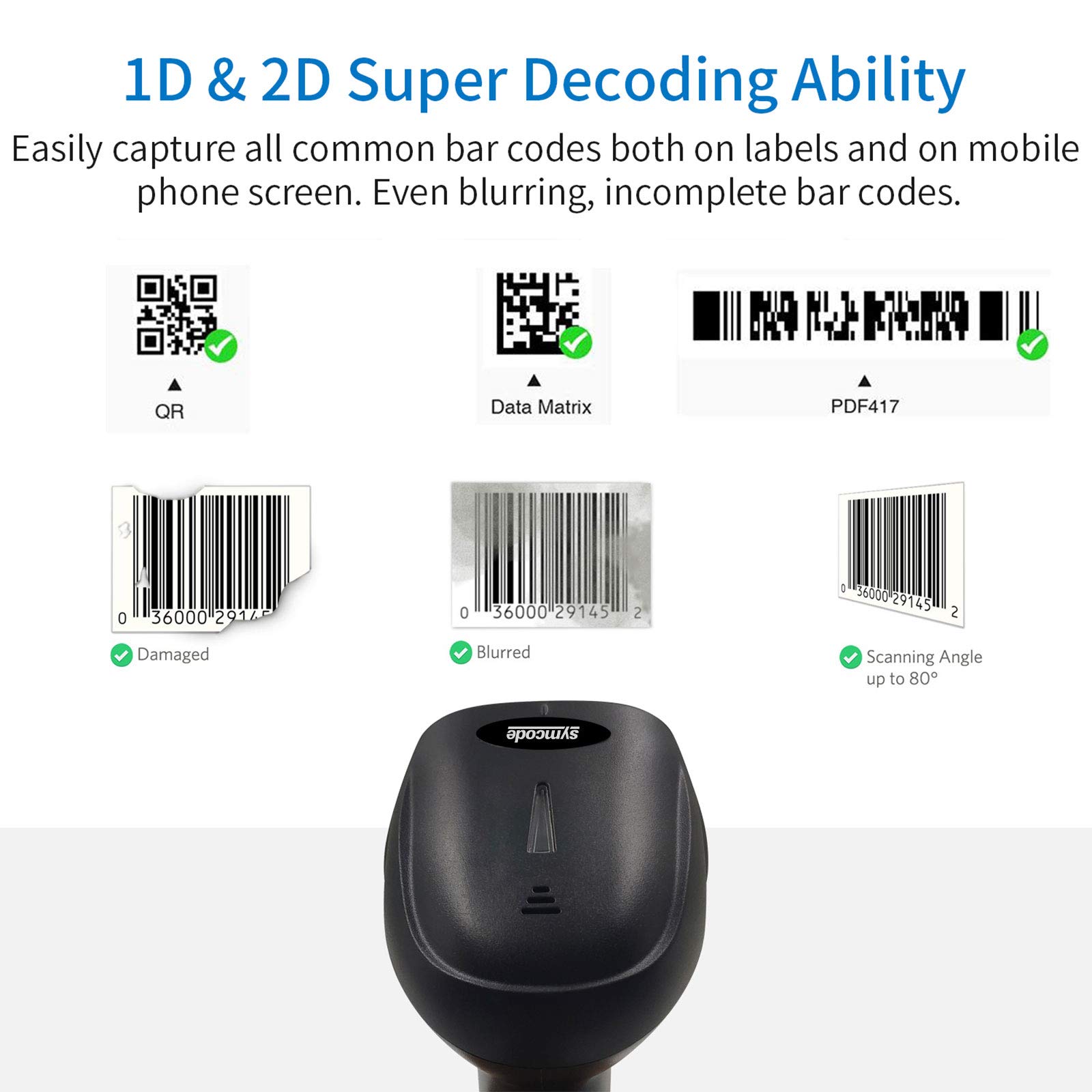 Alacrity Scanner di codici a barre wireless 1D 2D con supporto portatile e vivavoce QR cablato e wireless 2 in 1 lettore di codici a barre inventario con batteria ricaricabile da 1800 mA* H Distanza