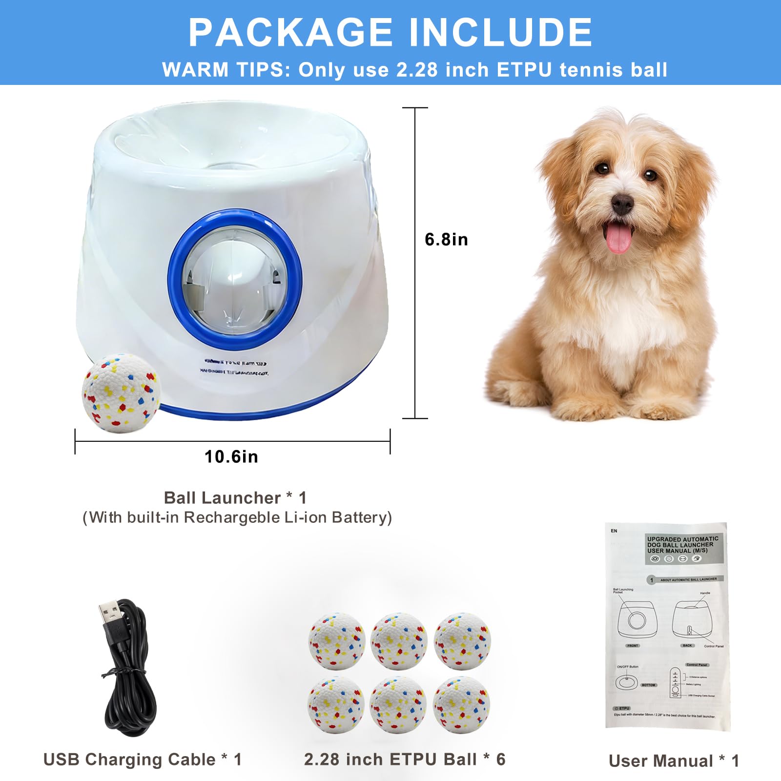 Lanzador automático de pelotas para perros con 6 pelotas de tenis ETPU, lanzador de pelotas de perro para perros pequeños y medianos, 3 distancias ajustables de 19 a 45 pies, máquina interactiva de