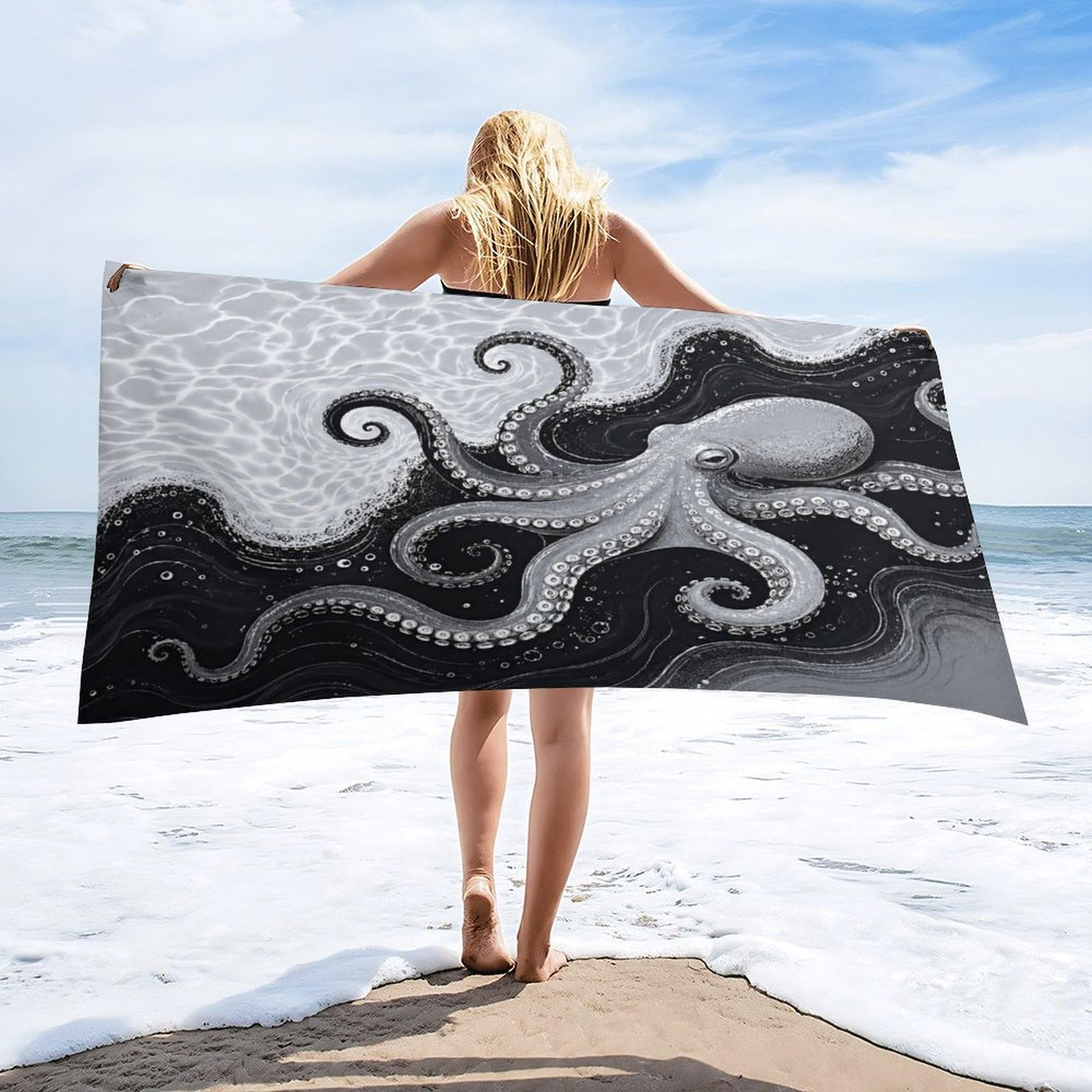 Anceky Octopus Sea Wave Beach Towel 32"×63",Soft Microfiber Bath Towel Shawl, Quick Dry Absorbent Pool Spa Gym Shower Towel