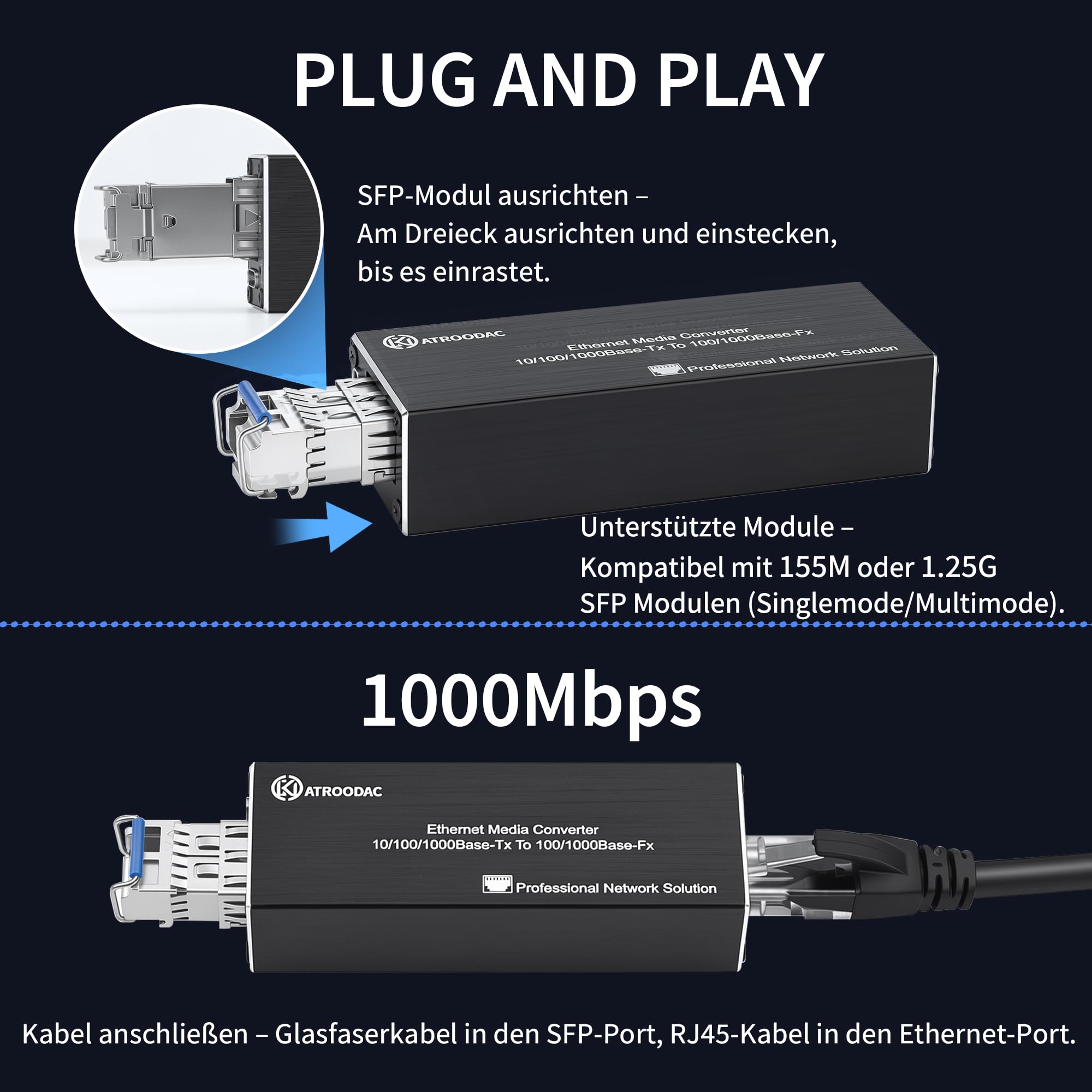 Mikro Gigabit Glasfaser Ethernet Medienkonverter – 10/100/1000BASE-T RJ45 auf SFP Steckplatz, Duale Stromversorgung (PoE 802.3af/at/bt & USB-C), Plug & Play, Aluminiumgehäuse, 0 ~ +70°C