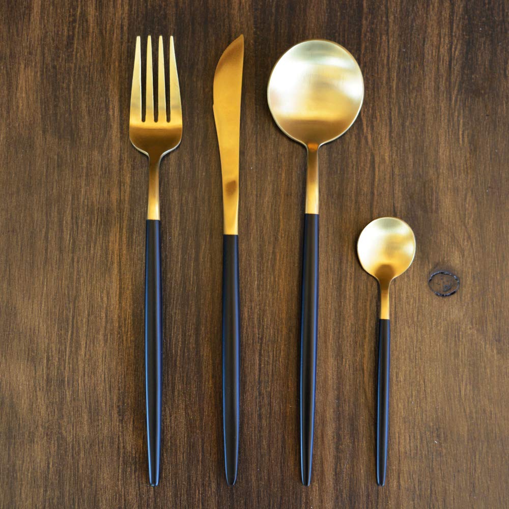 EME Cuberteria Deluxe Juego de 24 piezas fabricado en Acero Inoxidable 18/10 en color y negro. Incluye: 6 Cuchillo de mesa, 6 Cuchara de mesa, 6 Tenedor de mesa y 6 Cuchara de café postre.