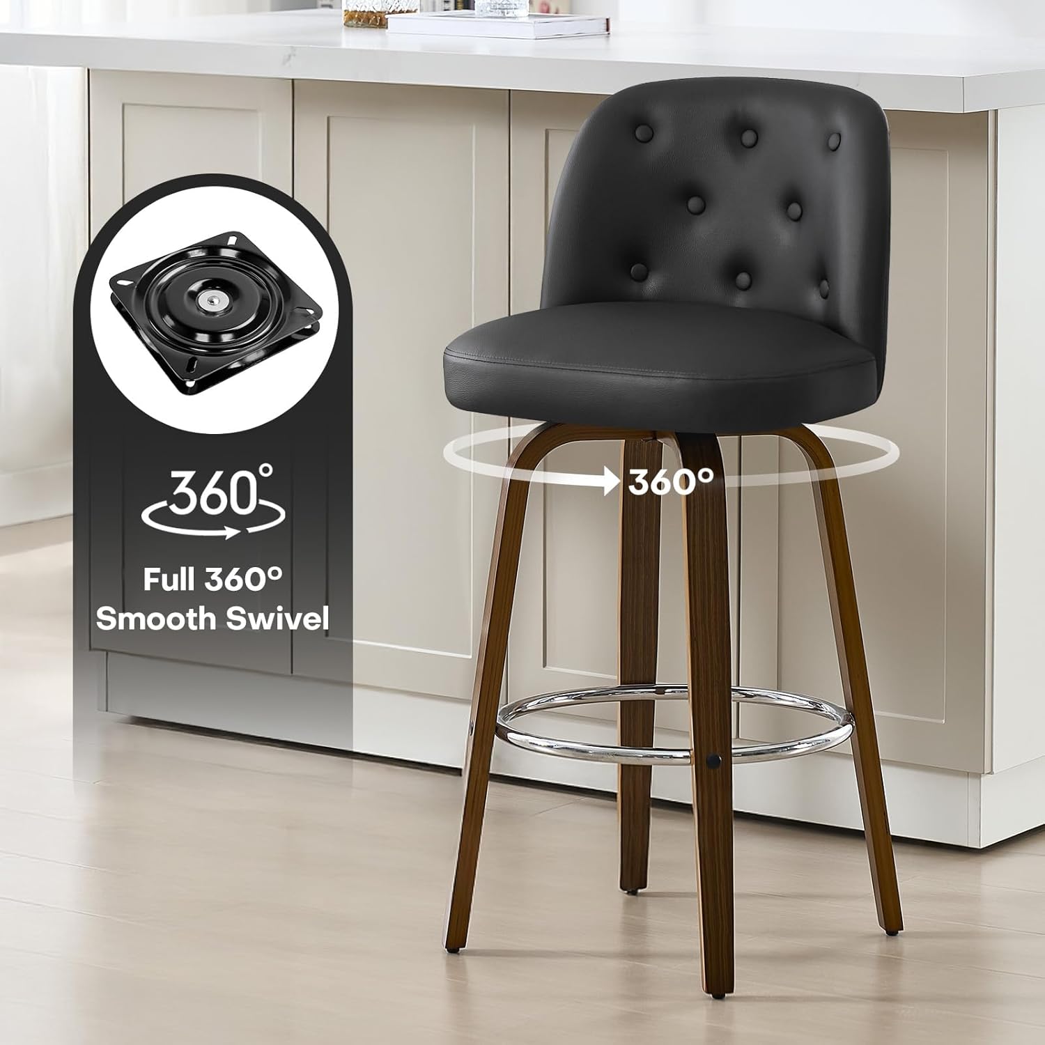 Bekrvio Bar Stools Set of 3, 26" Counter Height Swivel Bar Stools with Back,Walnut Bentwood Legs, Faux Leather Upholstered Counter Stools, Modern Counter Chairs Bar Stool for Kitchen Island, Black