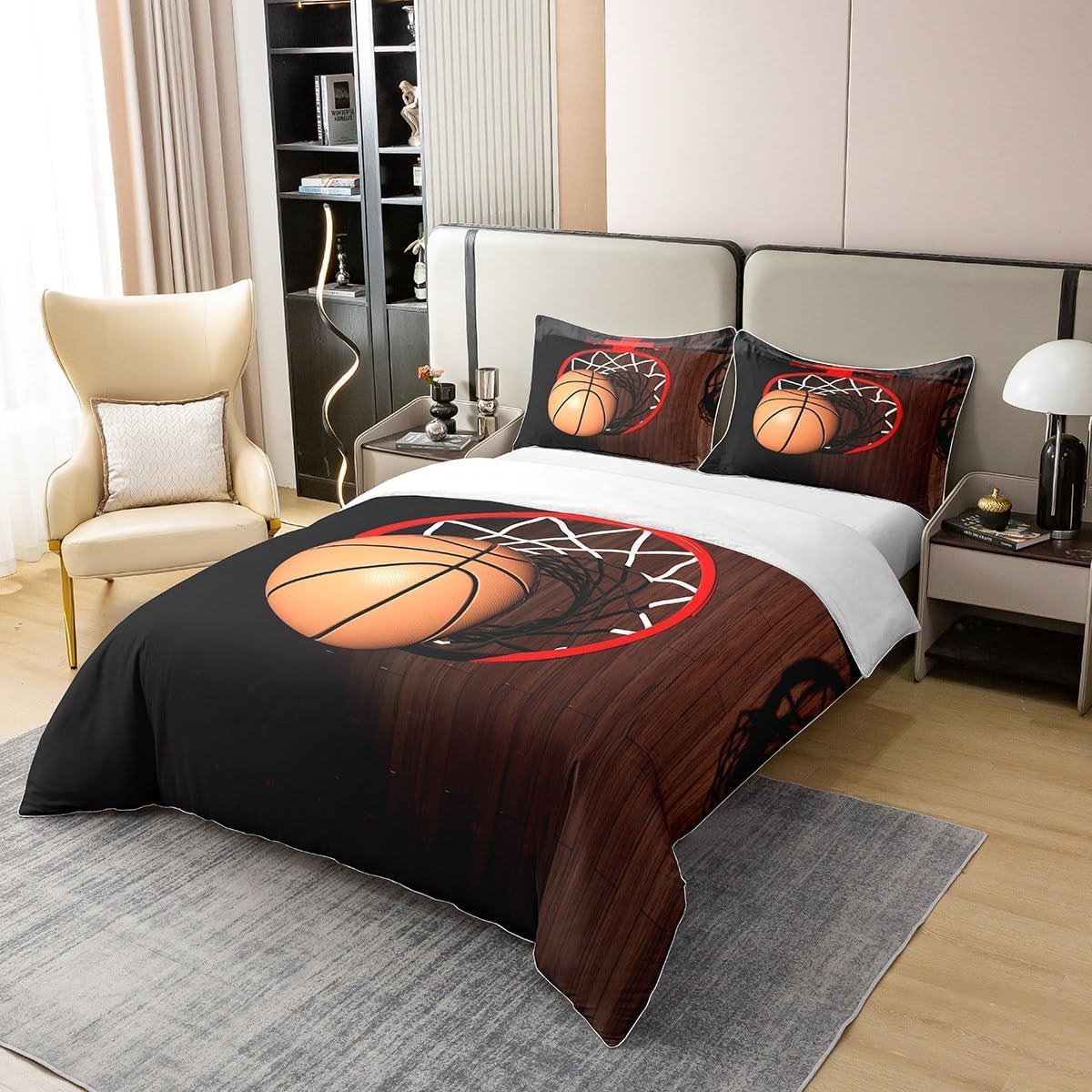 Super King zestaw poszewek na kołdrę obręcz do koszykówki miękka mikrofibra zestaw pościeli z nadrukiem 3D sportowy styl poszewka na kołdrę 260 x 220 cm z zamkiem błyskawicznym z 2 poszewkami na