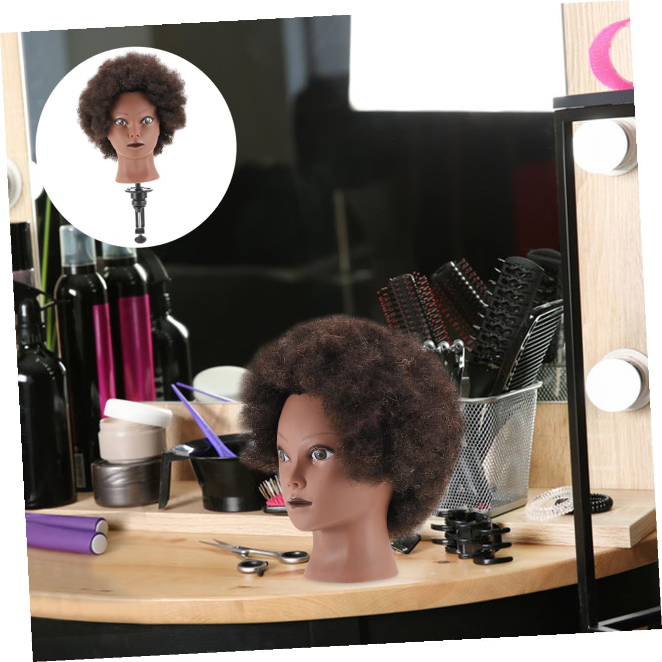 Tête à Coiffer D’entraînement Afro Noire en Plastique et Cheveux | Académie de Coiffure, Cheveux Très Épais et Peu Emmêlés, Usage Formation Coiffures