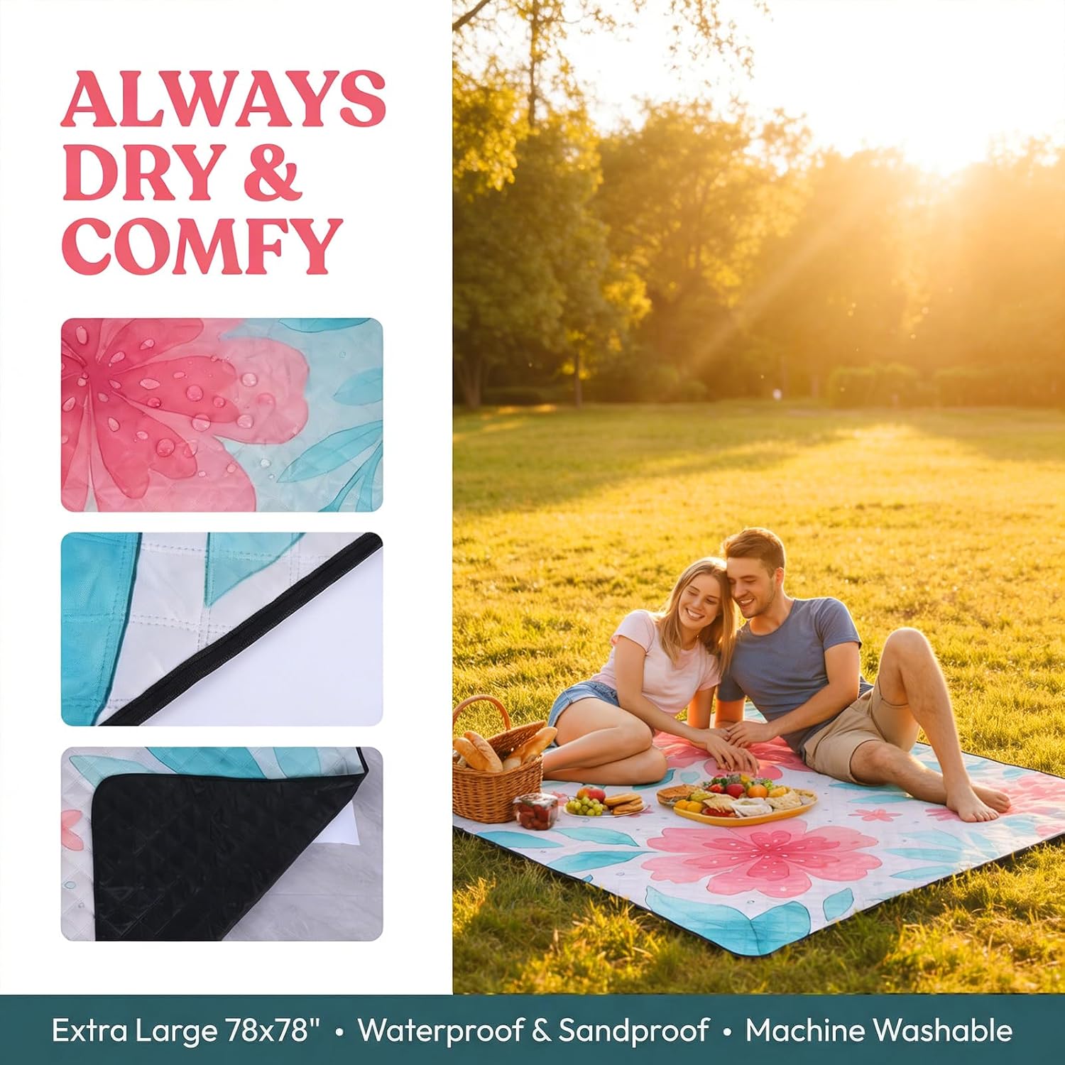 Water Proof Soft Cute Picnic Blankets Washable Outdoor Picnic Mats with Carry Strap Portable Blanket Sand Free for Camping Beach Blankets Party Park Accessories (Green)