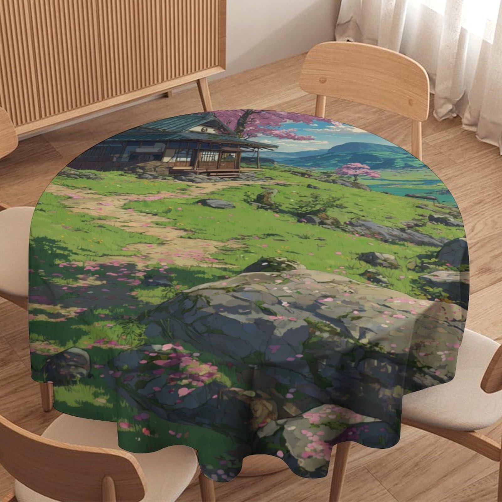 Luyysky Modern Watercolor Cherry Blossoms Waterproof Round Tablecloth Beautiful Japanese Anime Plants Cherry Blossoms Washable Table Cover For Kitchen-127 Wx127 L Cm
