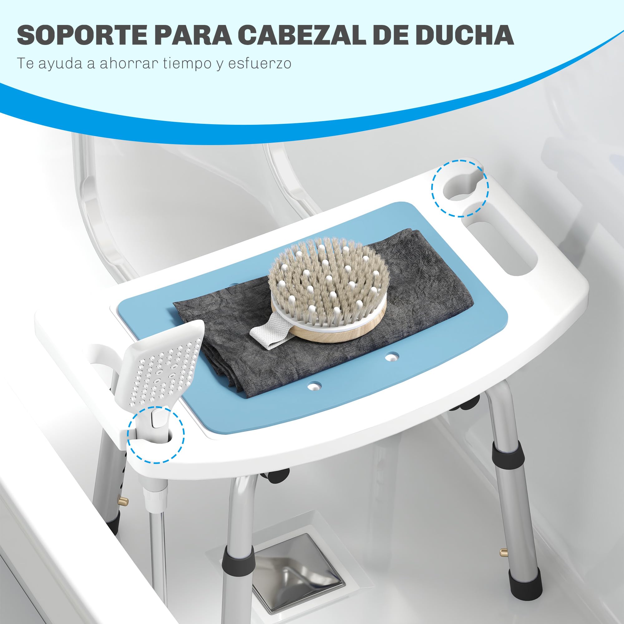 HOMCOM Silla Ducha Personas Mayores con Respaldo Antideslizante 136 kg | Silla de Ducha, Altura Ajustable en 6 Posiciones, para Ancianos y Discapacitados