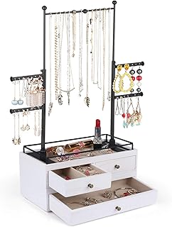 Organizador de joyas, caja de almacenamiento de madera de 2 capas con soporte de árbol de joyería de 6 niveles, para exhibición de joyería, collares, pulseras, anillos y aros