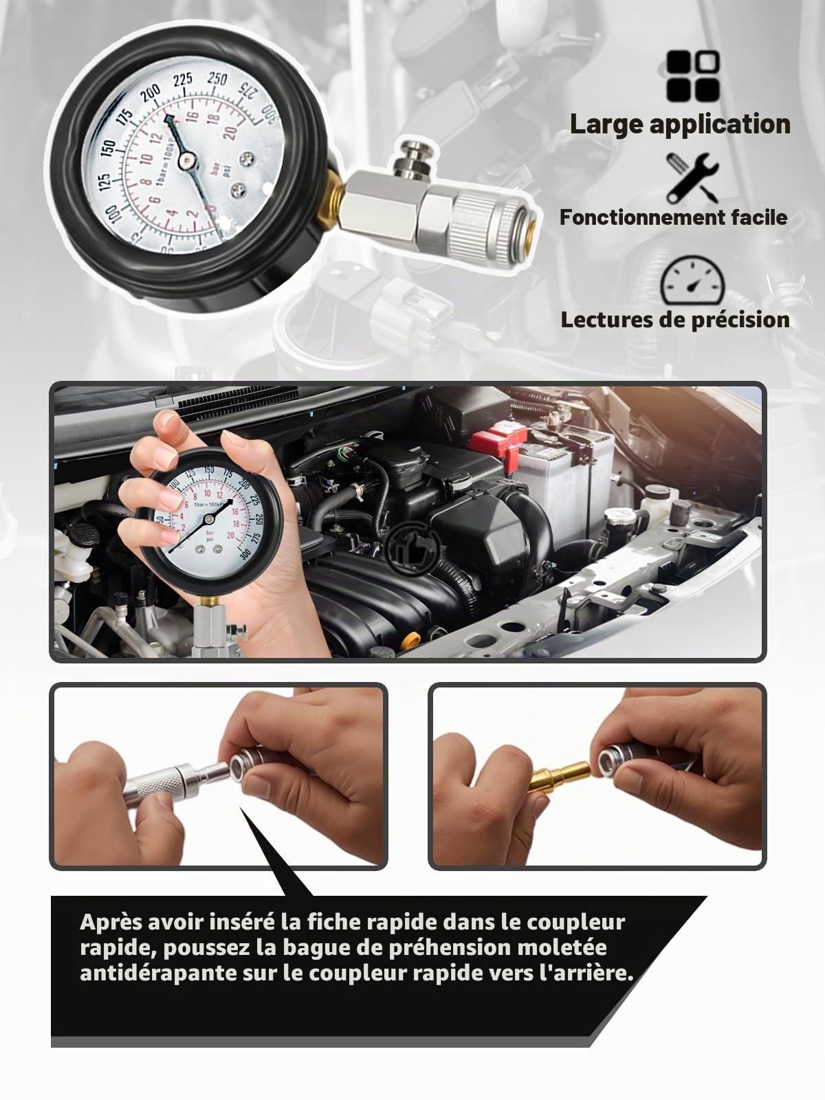 Kit de 11 Testeurs de Compression, Pour Moteur à Essence 0-300 PSI / 0-20 Bar, Testeur de Compression Pour Moteur à Essence de Voiture, Manomètre de Compression