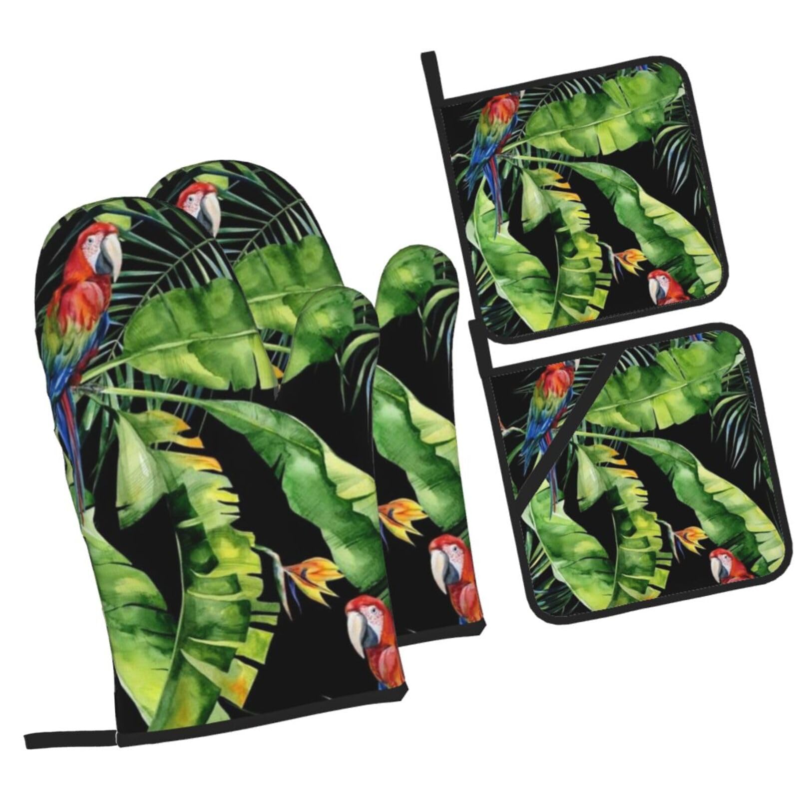 Toucan Perching of American Rainforests Printed Oven Mitts and Pot Holders Heat Resistant Set of 4 Pcs, Modern Kitchen Gloves & Potholders for Cooking Baking Grilling