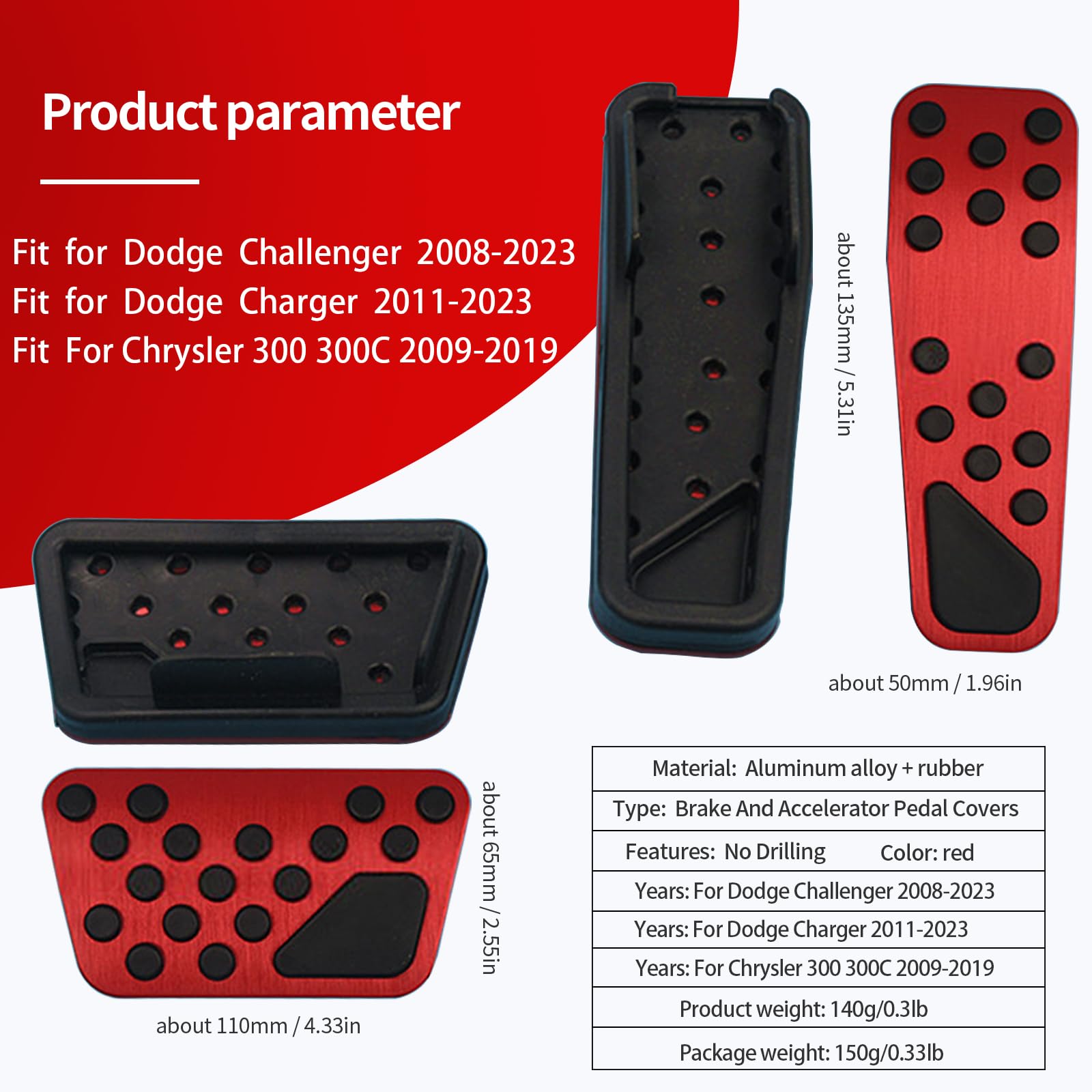 Hecotrax Aluminum Alloy Pedal Cover for Dodge Challenger 2008-2023 for Charger 2011-2023 for Chrysler 300 300C 2009-2019 No Drilling Aluminum Brake and Accelerator Pedal Covers (Red) : Automotive