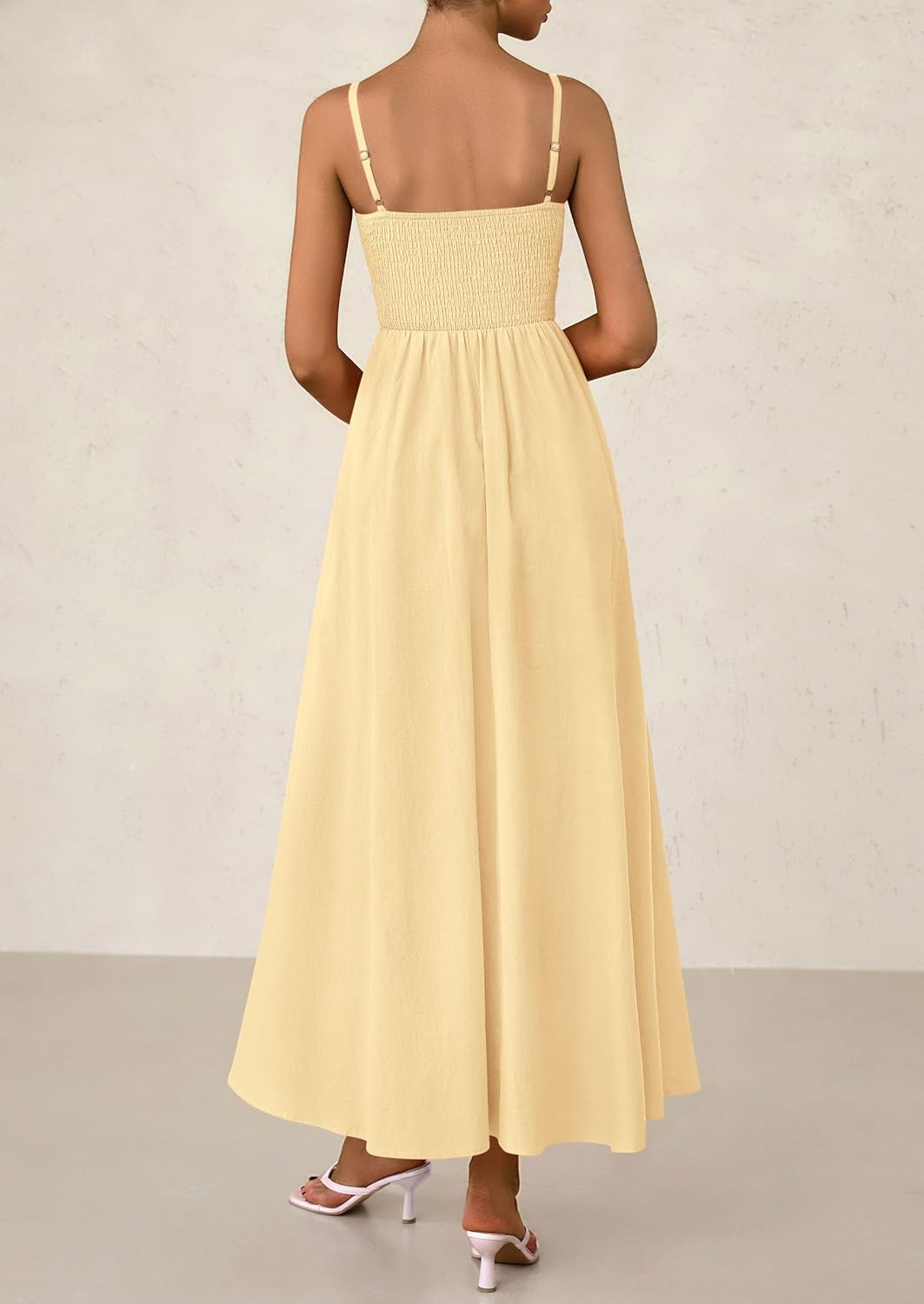 PRETTYGARDEN Women's Smocked Maxi Dresses 2025 Summer Beach Sundress Casual Spaghetti Strap Swing A Line Long Flowy Dress Beige Medium image 2 of 8 B0DWMHCSY2