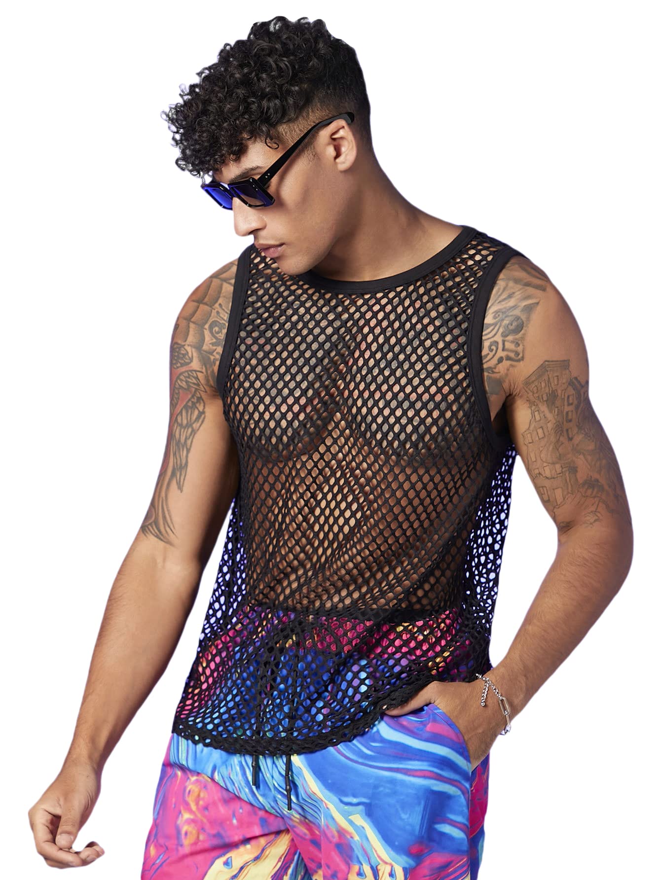 quecy Men's Sheer Mesh Fishnet Sleeveless Muscle Top Hollow Out Tank Shirt Black-picture-2