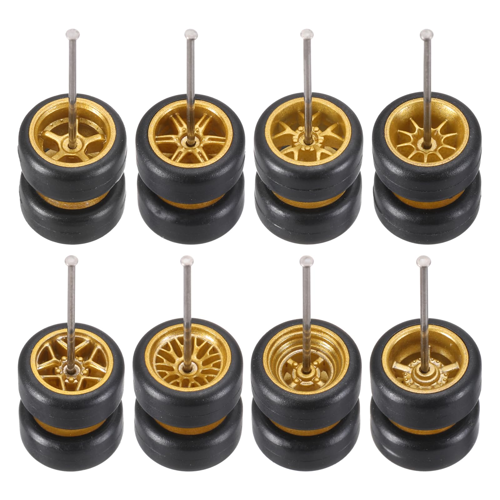 sourcing map 8 Set 1/64 Wheels and Tires Set, Real Riders Rims Includes Axles for RC Diecast Car DIY Model, Kit 5 Gold Rims