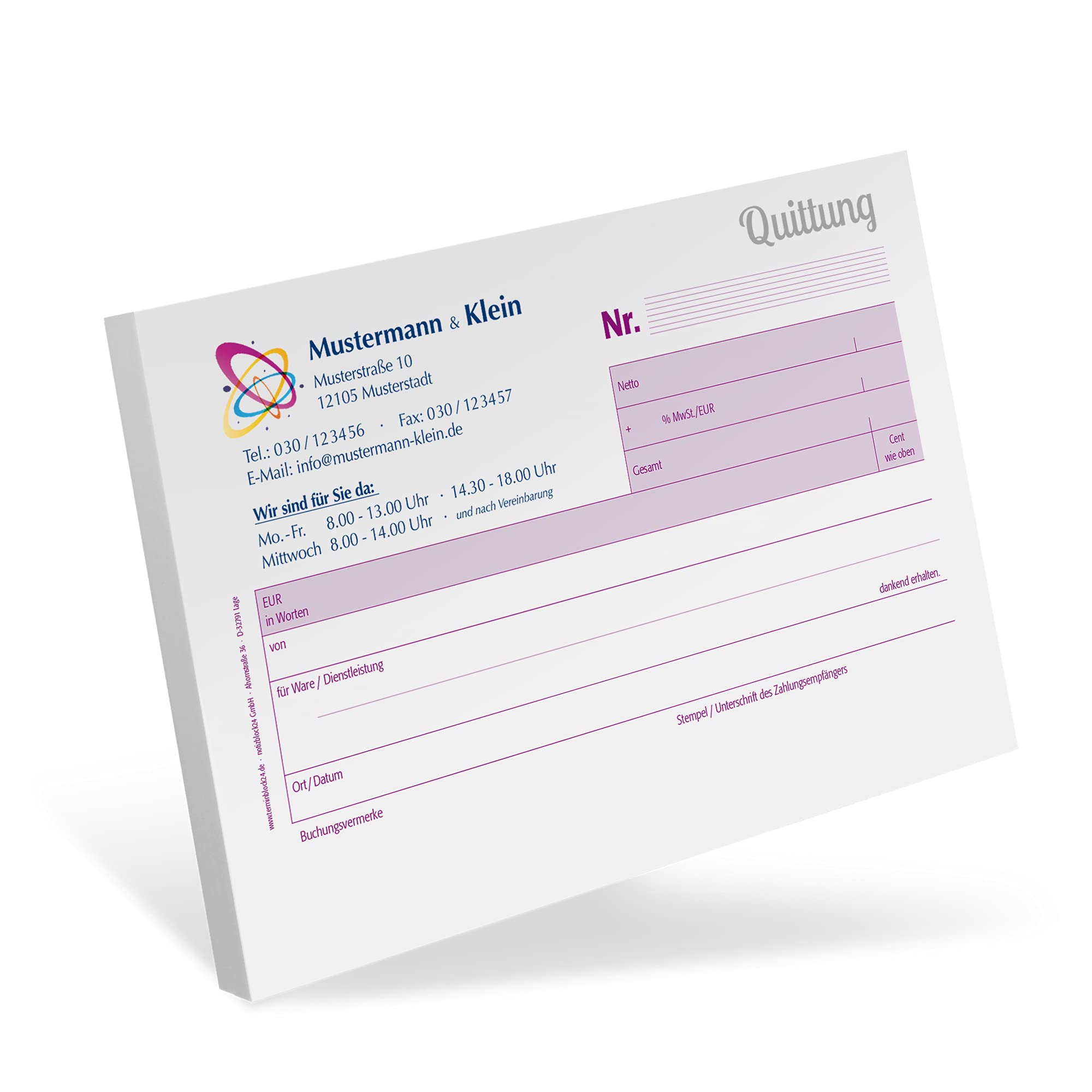 16 Personalisierte Quittungsblöcke mit Ihrem Text und Logo bedruckt/selbstdurchschreibend / 2 x 50 Blatt / A6 quer