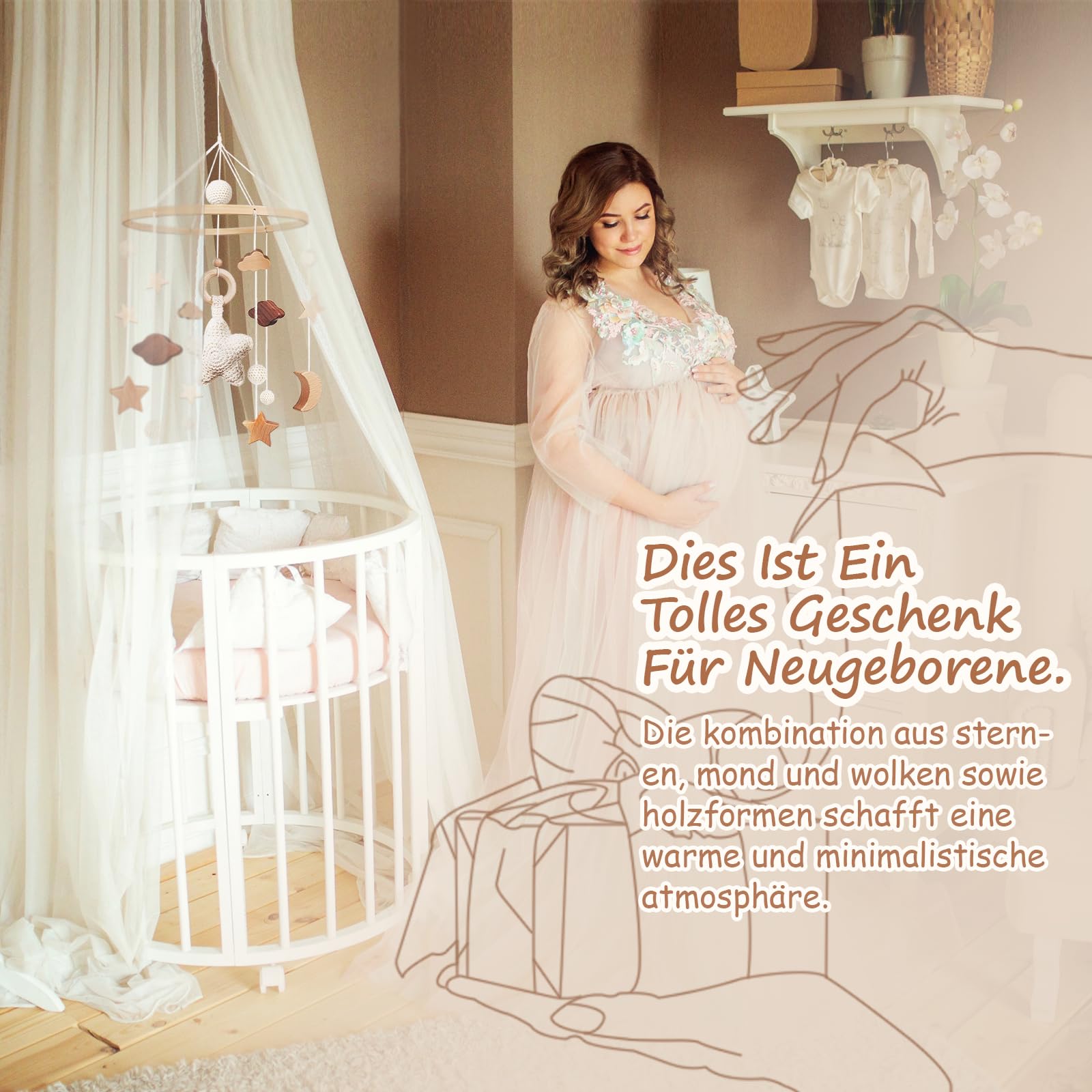 SWECOMZE Mobile Baby Bettglocke mit Sterne Hölz Mädchen Hängende Mobile Windspiel für Babybett Kinderbett