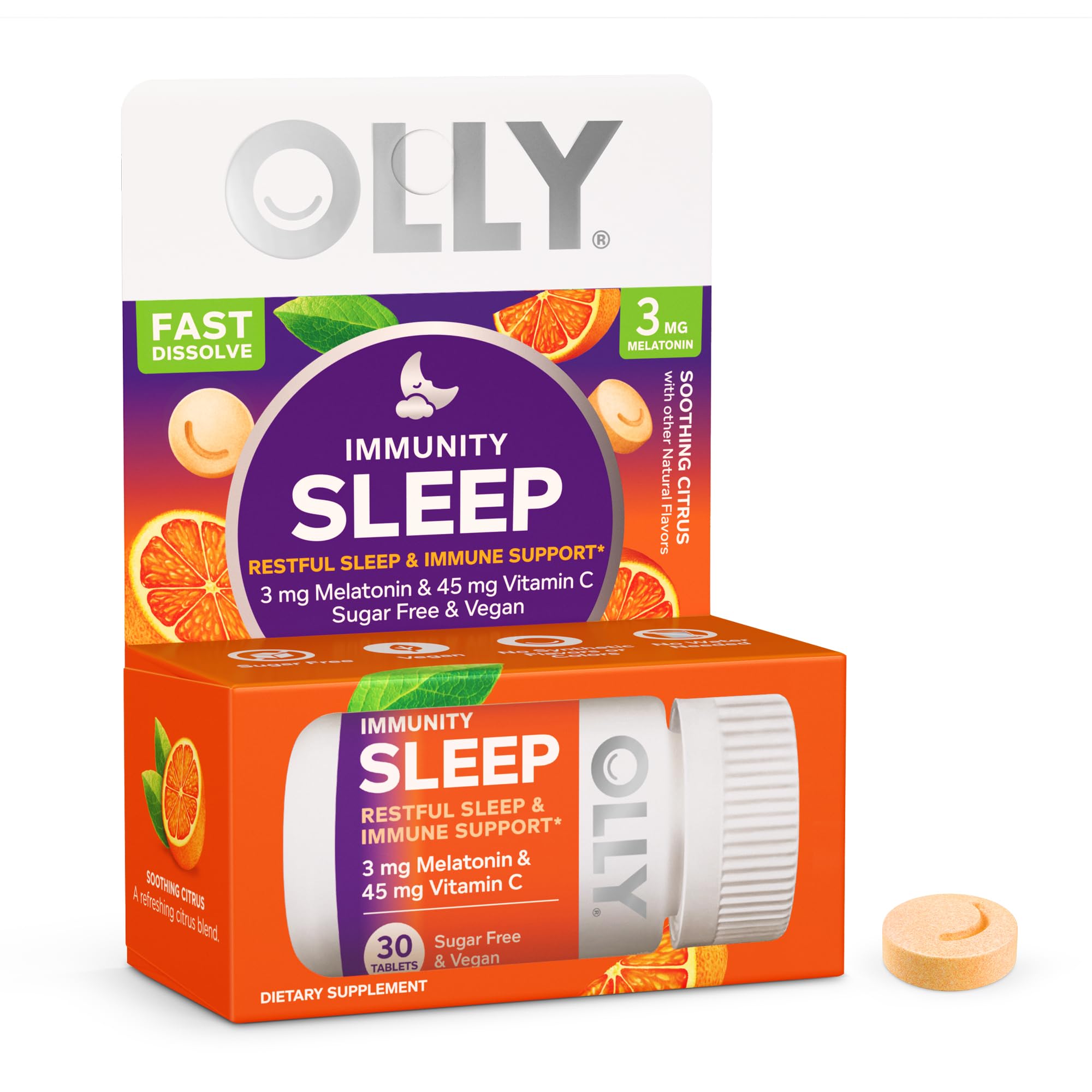 OLLYImmunity Sleep Fast Dissolves, 3mg Melatonin, Vitamin C, Citrus Flavor, 30 Day Supply - 30 Count