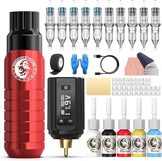 Wormhole Tattoo Kit Tattoo Gun with 1200mAh Power Supply, 10pcs Tattoo Needles, 5Pcs Tattoo Ink Complete Tattoo Machine Kit for Beginners