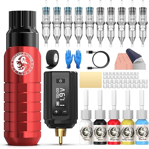 Wormhole Tattoo Kit Tattoo Gun with 1200mAh Power Supply, 10pcs Tattoo Needles, 5Pcs Tattoo Ink Complete Tattoo Machine Kit for Beginners