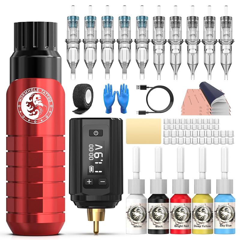 Wormhole Tattoo Kit para Tatuagem com Fonte de 1200mAh, 10 Agulhas e 5 Tintas